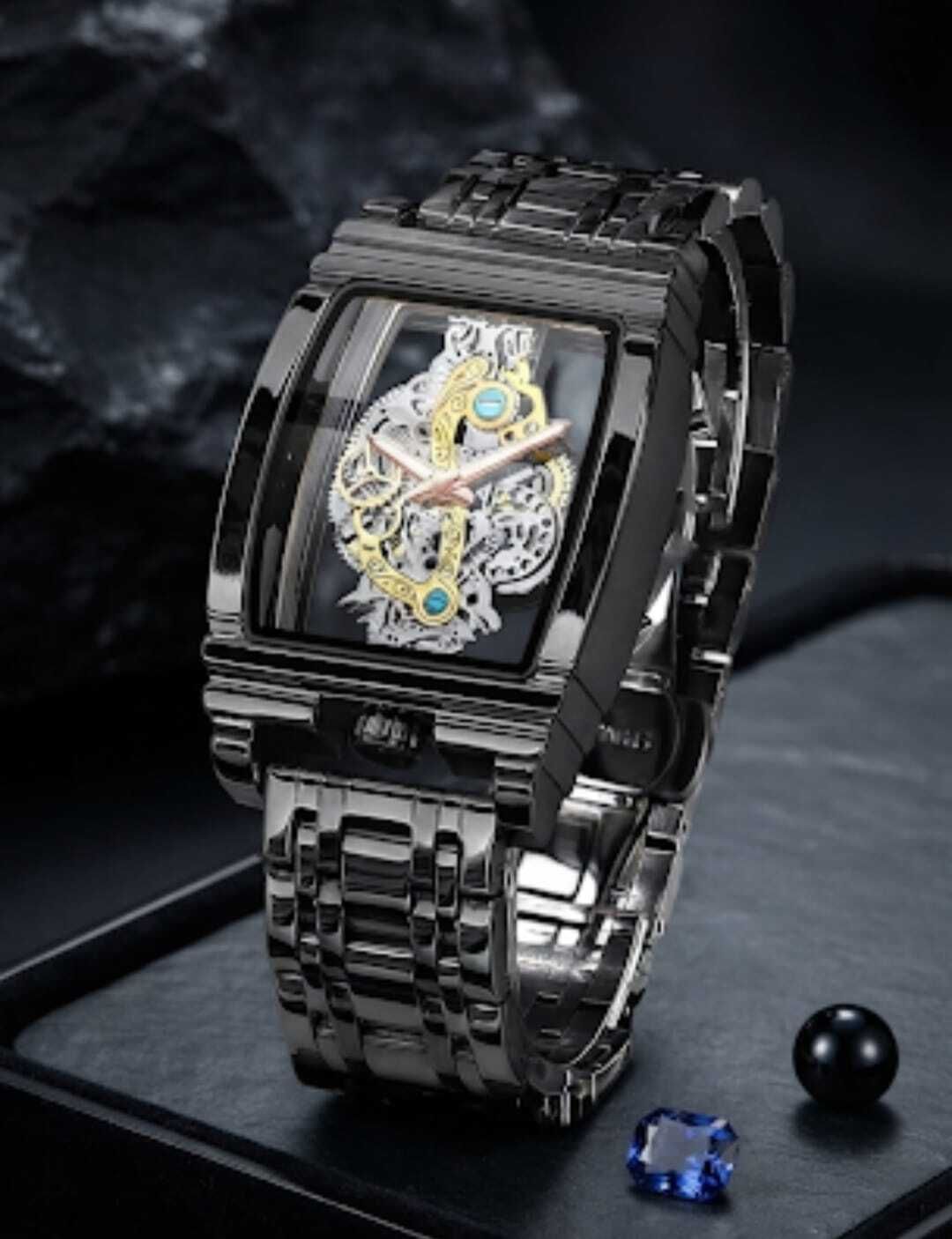 Modern Open-Work Dark Steel Analog Watch - For Men The Onyx Matrix: Rectangular Skeleton Mechanical Watch-image-43