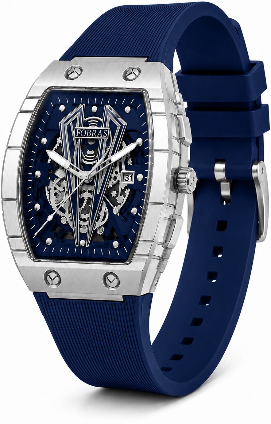 Fobras Premium Skeleton Silver Tonneau Case Analog Watch - For Men FOBRAS-TS-DATE-image-31