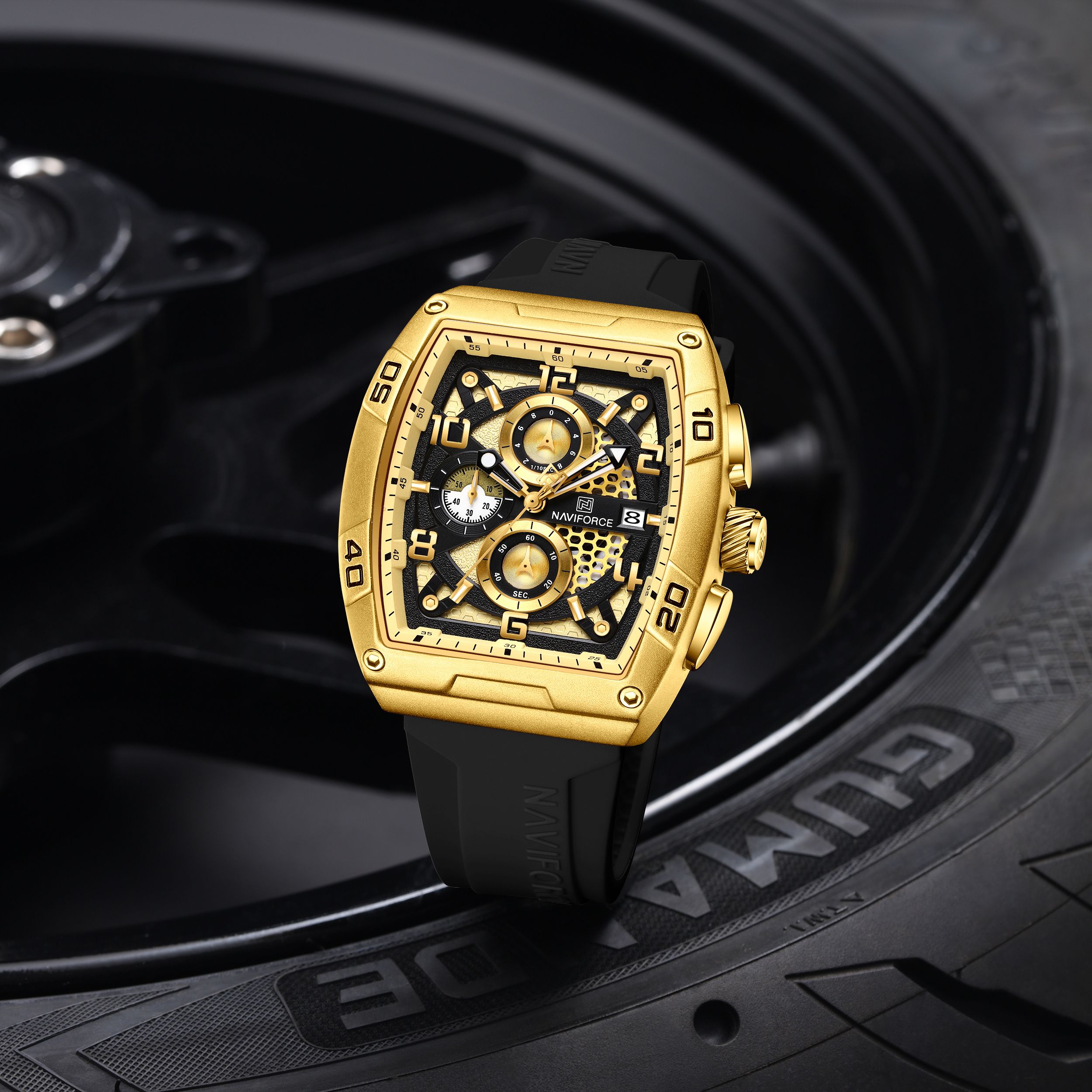 Black Gold Luminous Hollow Dial with three chrongraph function Analog Watch - For Men NF8052 Barrel-shaped silicone strap timepeice-image-13