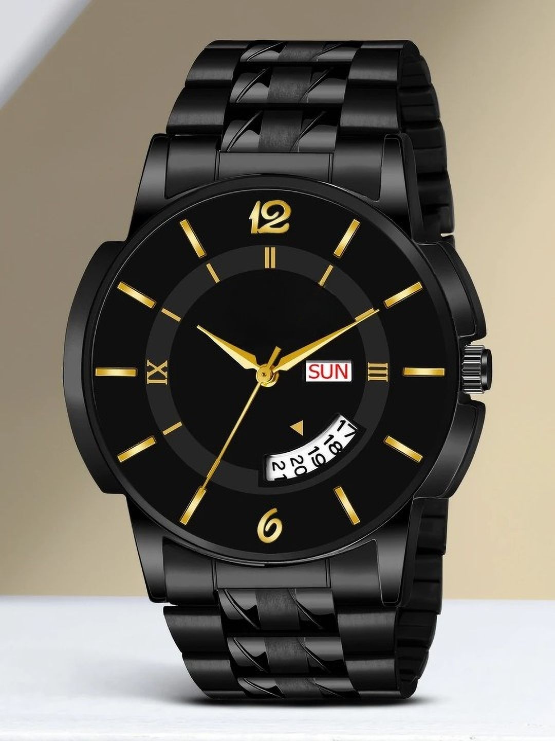 shop globle HM All Black Day & Date Functional Premium Black Plated Chain HMTS Quartz Analog Watch - For Men SM 3078-picture-15