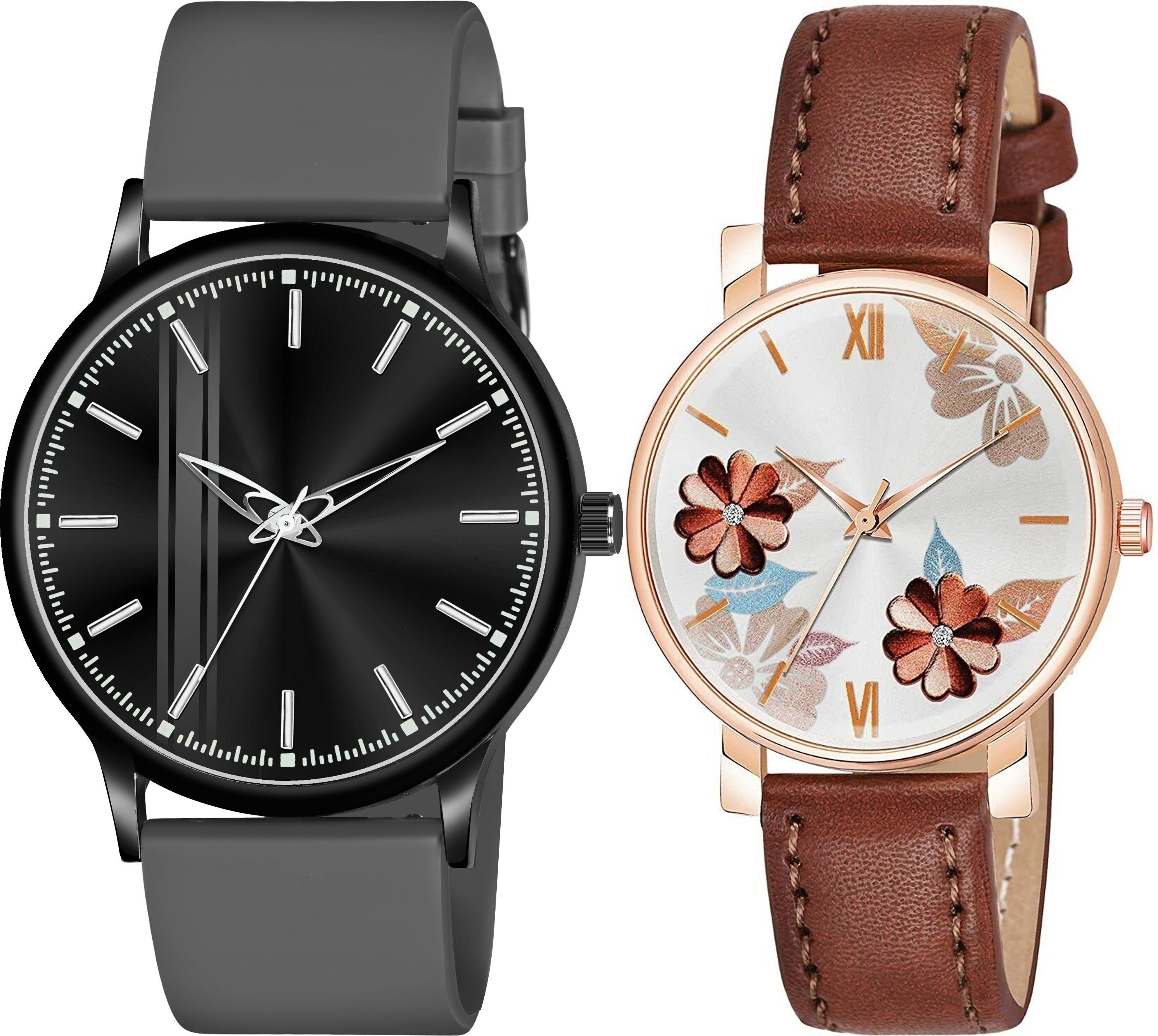 Premium Analog Quartz Wrist Watch Analog Watch - For Men & Women New Brown rizy Flower_Round Slim Dial Black dark grey-image-4