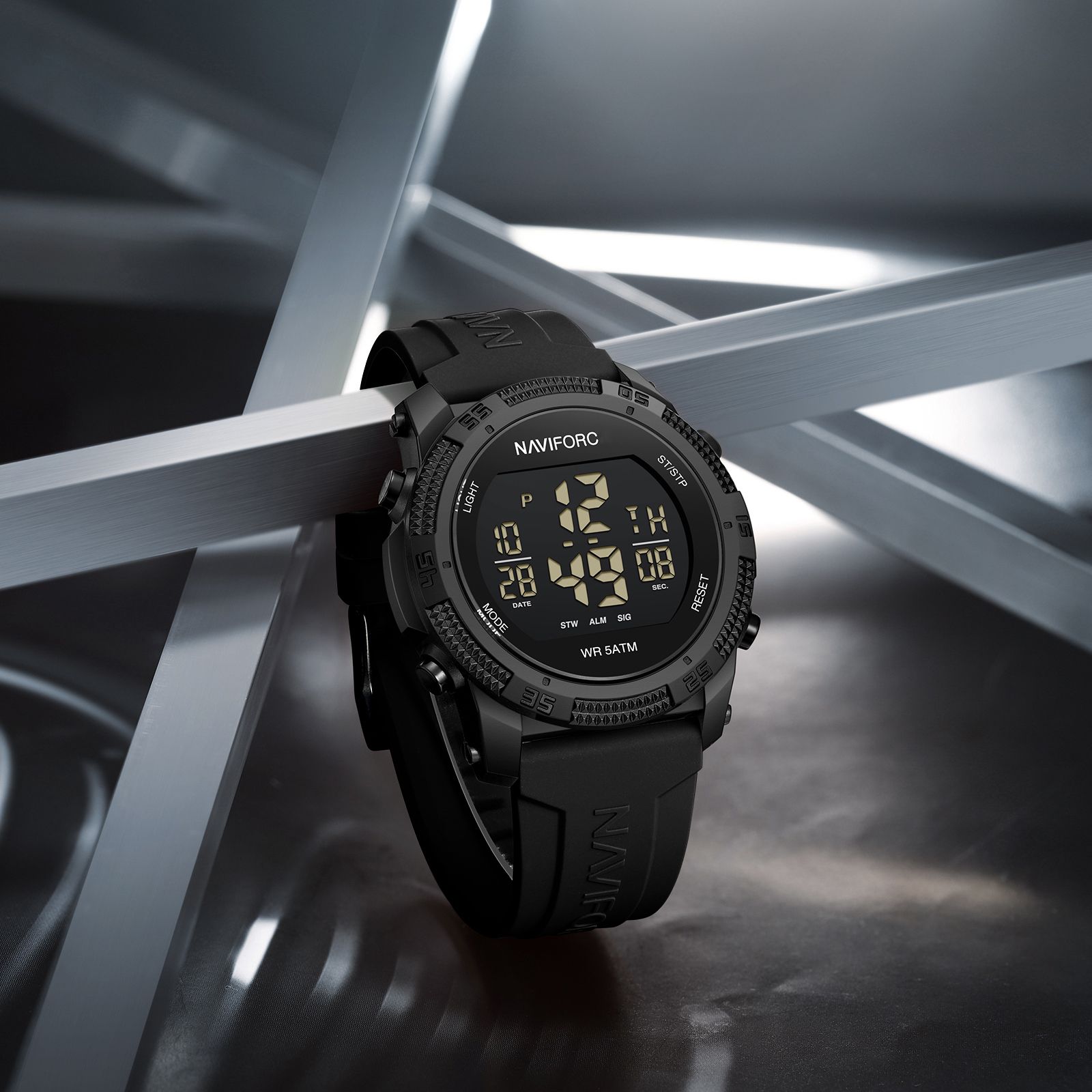 Black silicone light weight strap multi-function round dial Digital Watch - For Men NF7104BB-image-2
