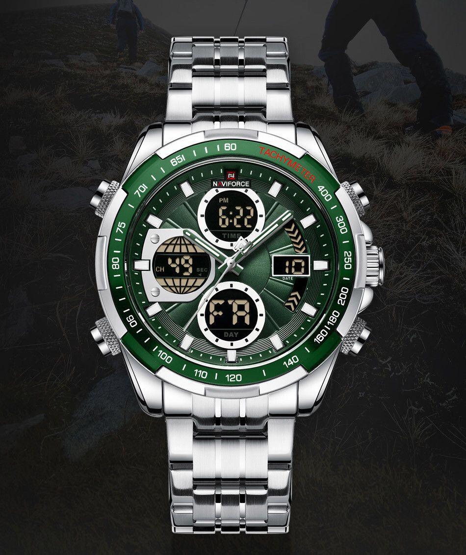 New sporty and professional digital and analog attractive green dial eye catch Analog-Digital Watch - For Men 9197S stainless steel strap with digital green dial waterproof watch-image-46