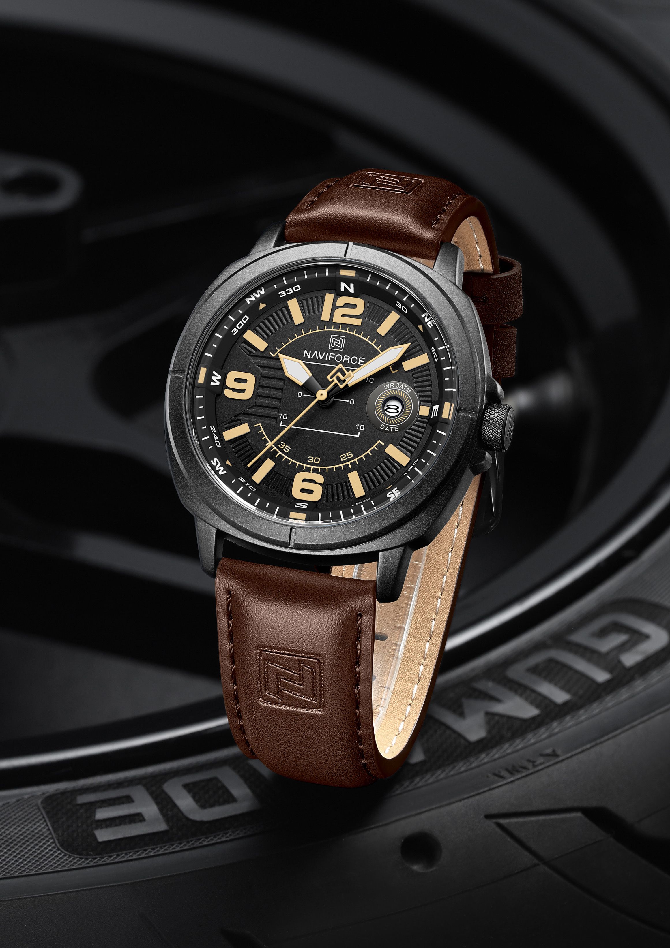 naviforce Modern sporty style black dial with Brown leather strap Analog Watch - For Men 8078 date window at the 3 o'clock position-picture-19