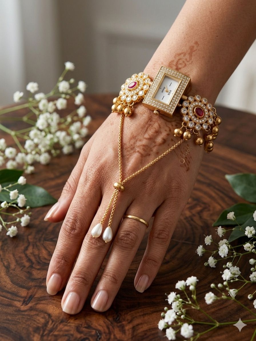 kashmiri style gold plated bracelet watch with stone work | free size analog watch - for women k19