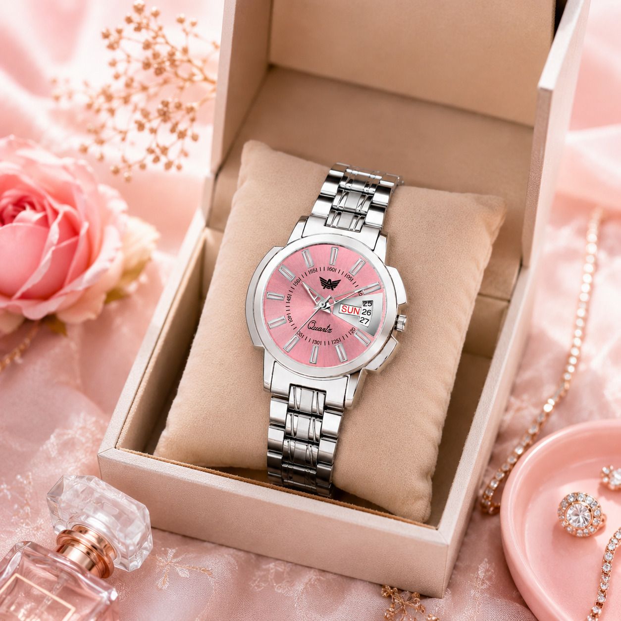 abrexo GIRLFRIEND Series Pink Dial Day Date Working Silver Stainless Steel Analog Watch - For Women Abx19 PK SL-picture-10