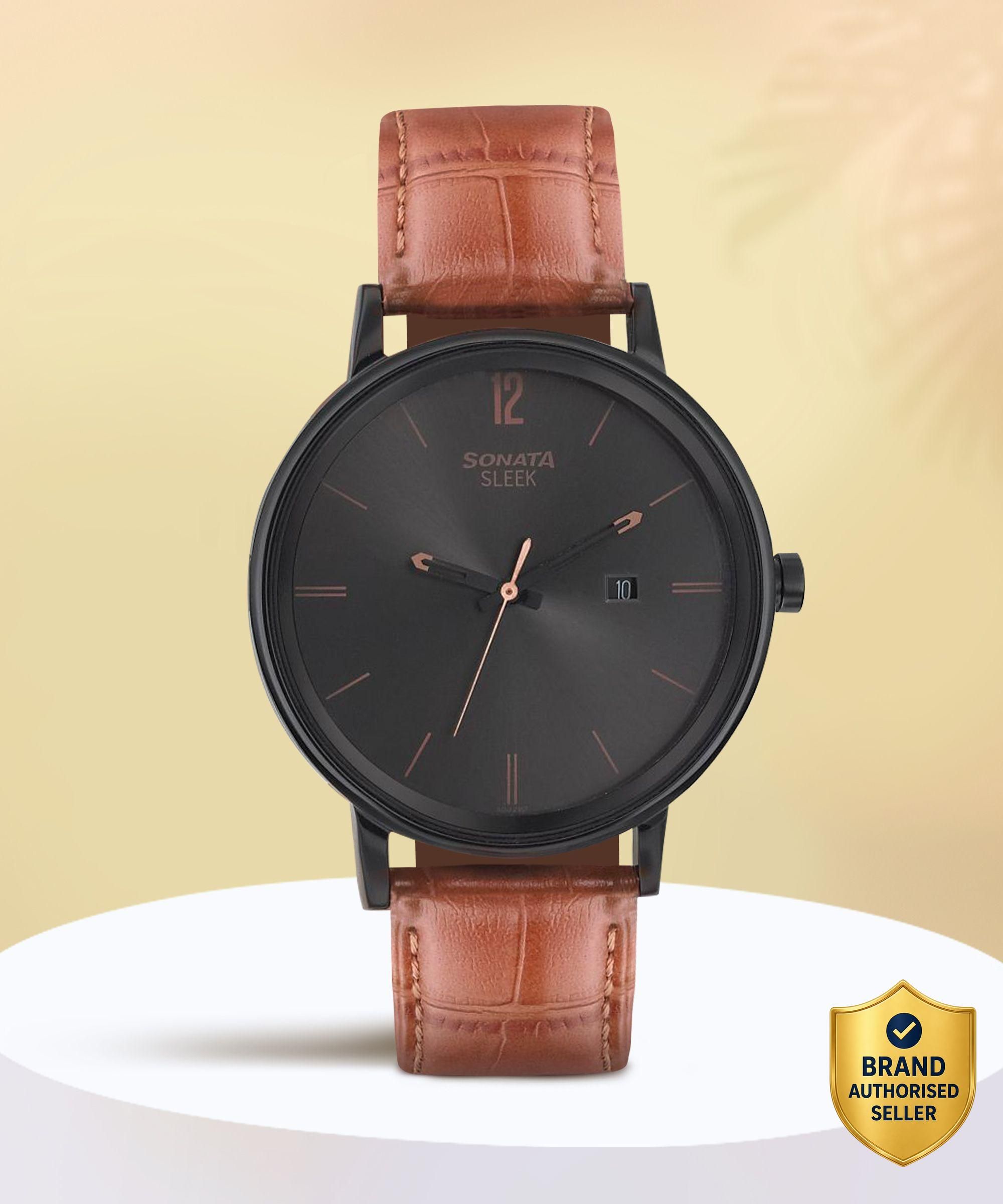 Sonata Sleek With Date Anthracite Dial Brown LeatherStrap Analog Watch - For Men NT7131NL02-image-27