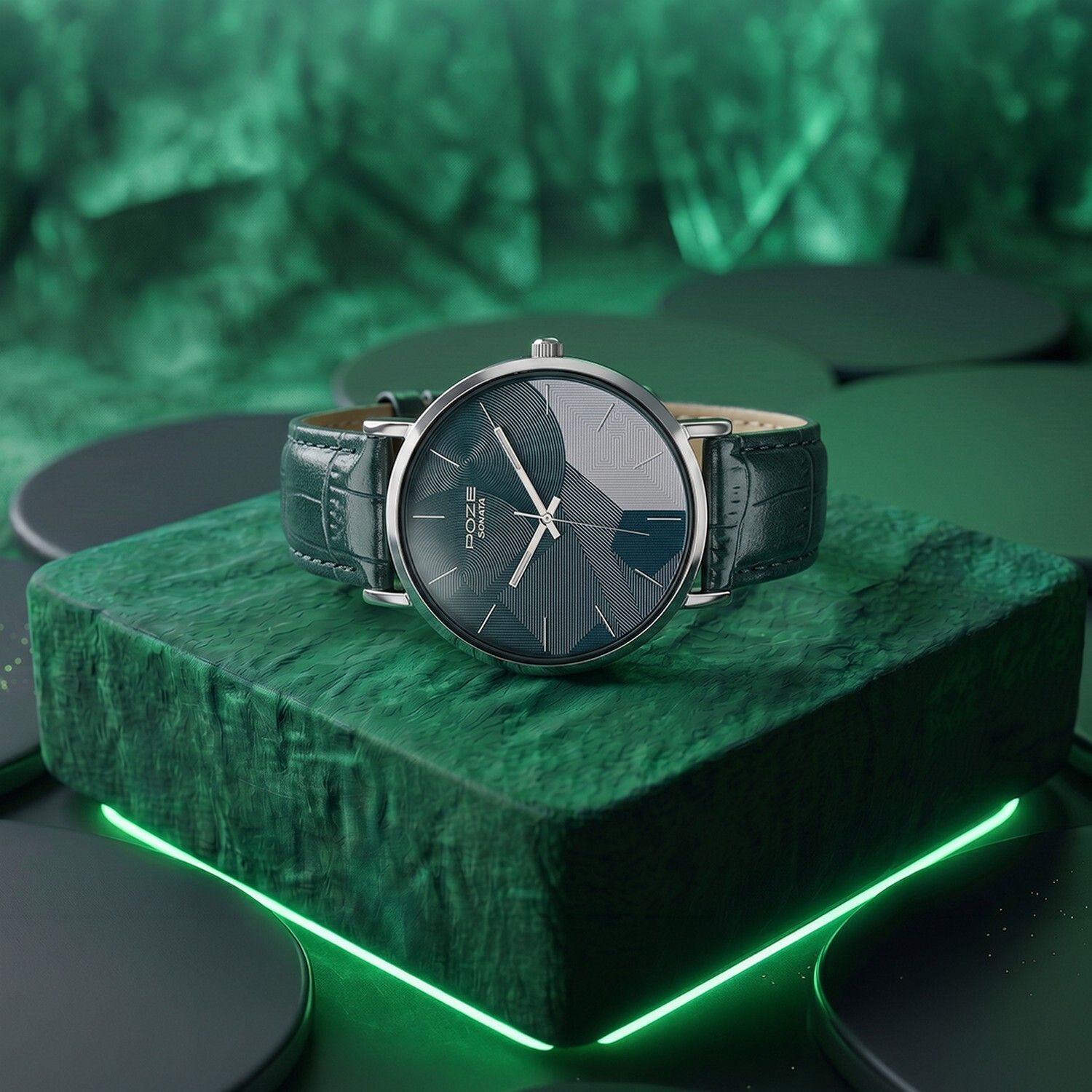 sonata Poze 9 Quartz Green Dial Dark Green Strap Analog Watch - For Men SP70021SL02W-picture-13