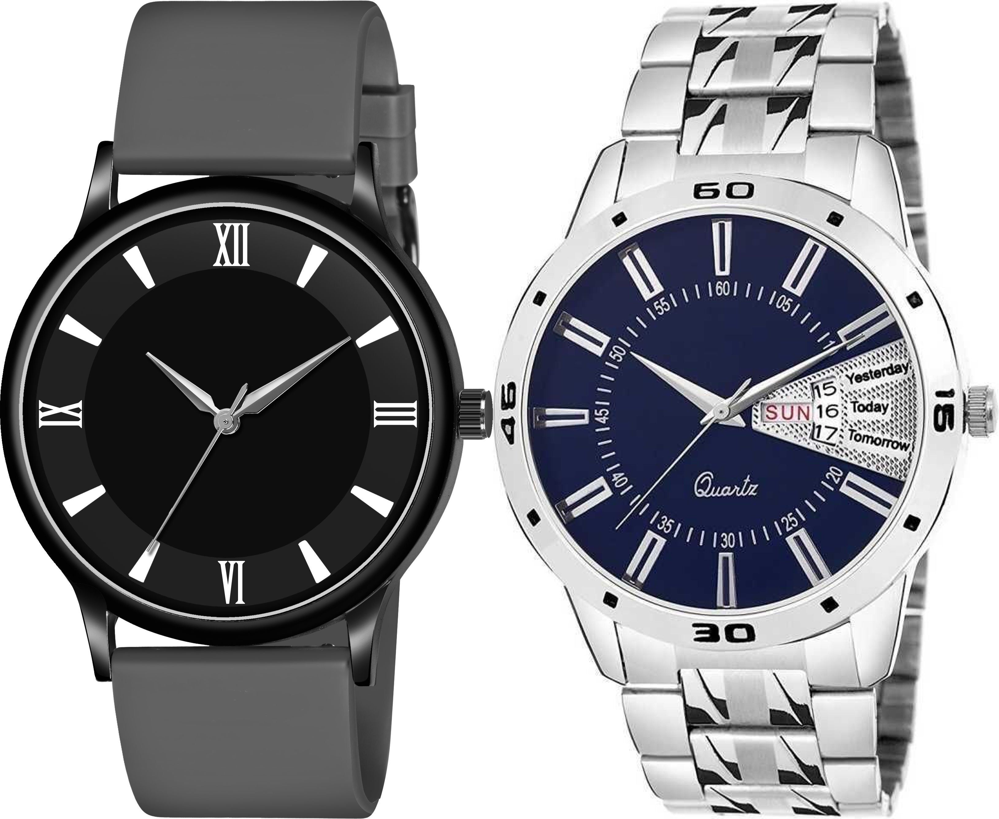 Premium Analog Quartz Wrist Watch Analog Watch - For Men Round Slim roman Dial Black Dark grey_Steel Blue Day Date-image-32