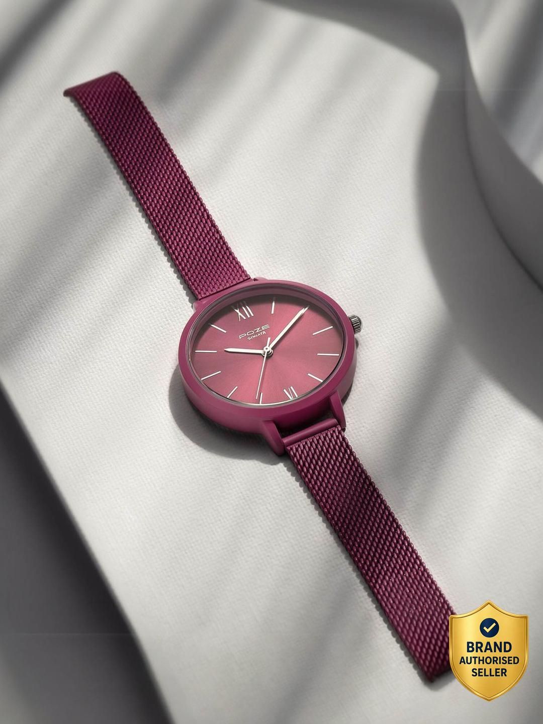 Sonata Poze Quartz Analog Purple Dial Mesh Strap Watch for Women - SP80075KM01 Analog Watch - For Women SP80075KM01-picture-2
