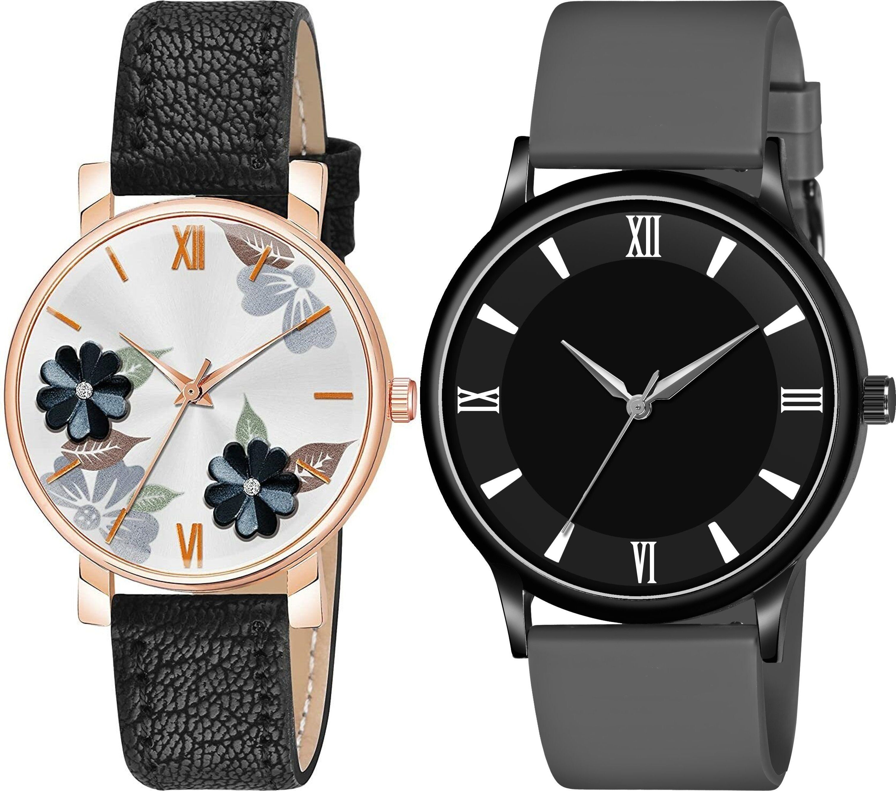 Premium Analog Quartz Wrist Watch Analog Watch - For Men & Women Round Slim roman Dial Black Dark grey_new rizy black flower-image-45