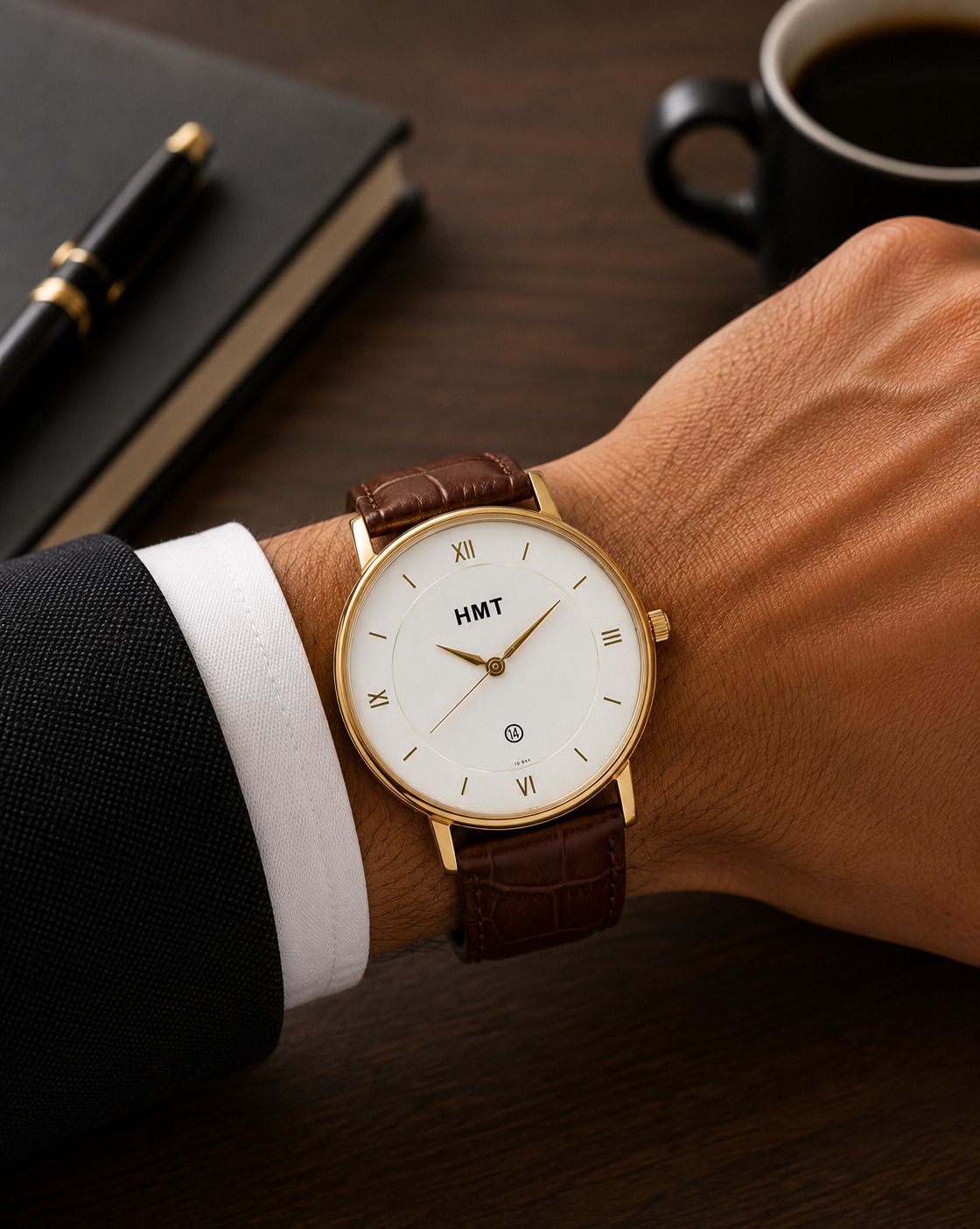 Analog Watch - For Men Hmt Classic White Dial Gold Case Date Display Leather Belt X2-image-26