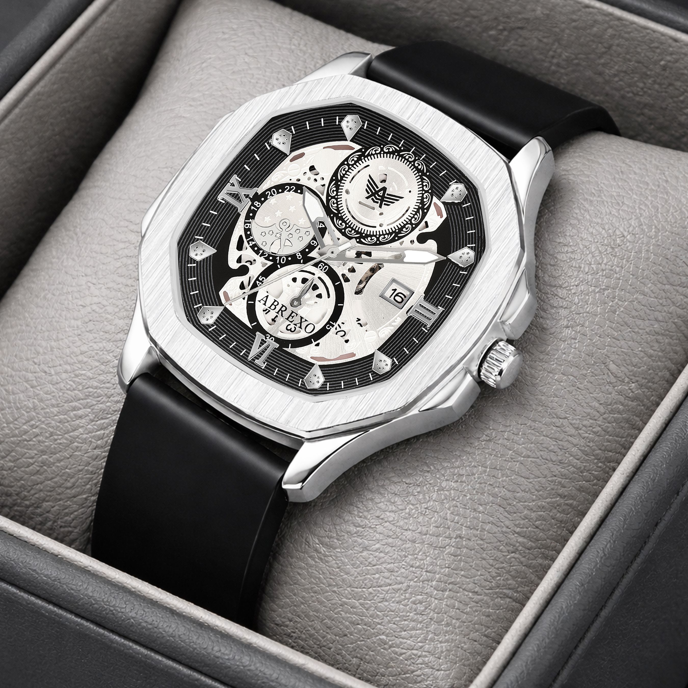 GODFATHER Square Chrono Look Silver Dial Date Working Black Silicone Strap Boys Analog Watch - For Men Abx8300-SL BK-image-26