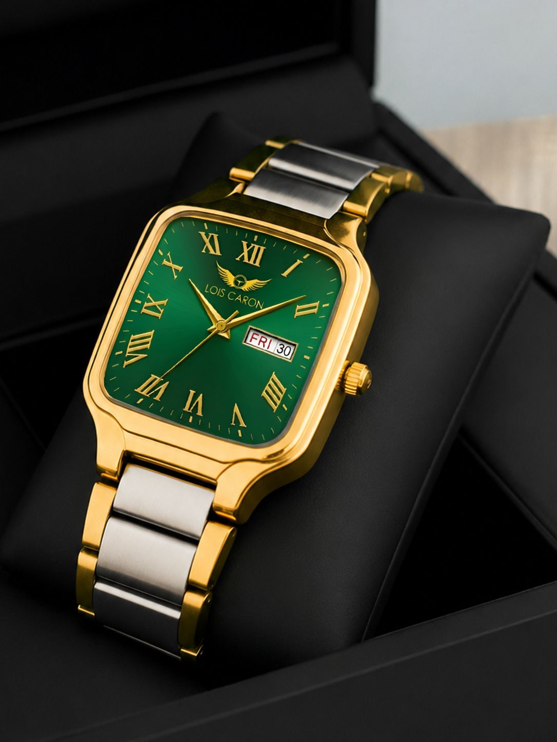 Premium Square Day & Date Green roman numbers dial Two tone strap Analog Watch - For Men LCS-8644-image-40