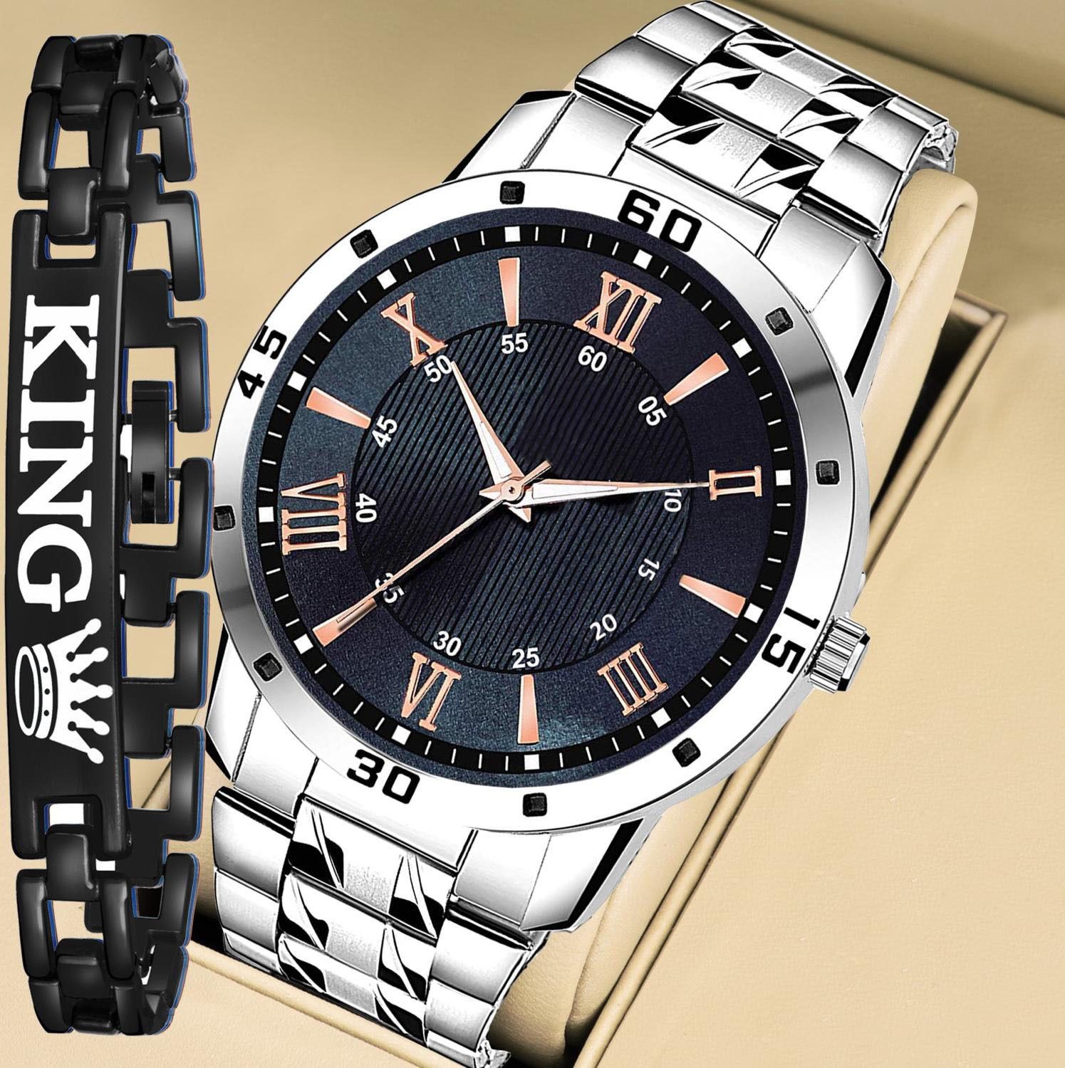 CROWNHOURS Analog Watch - For Men Men's Luxury Quartz Watch Stainless Steel Roman Numeral KING Bracelet Gift Set-image-2