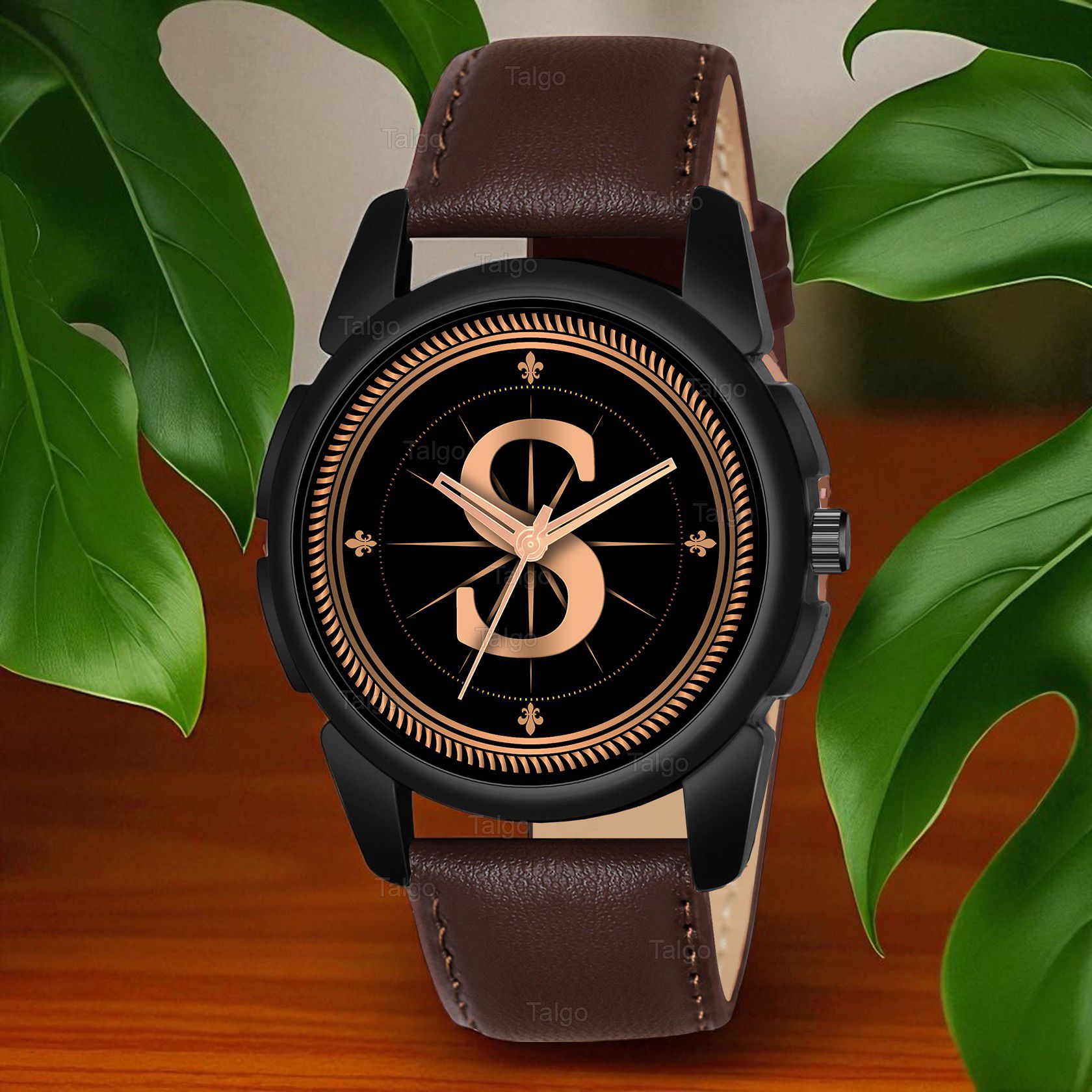 Fancy Design Stylish ALPHABET S Dial Brown Leather Strap Men Wrist Watch Analog Watch - For Men ALPHABET S Design Letter S Style ALPHA-S-J16-BLK-BRW-L-image-28