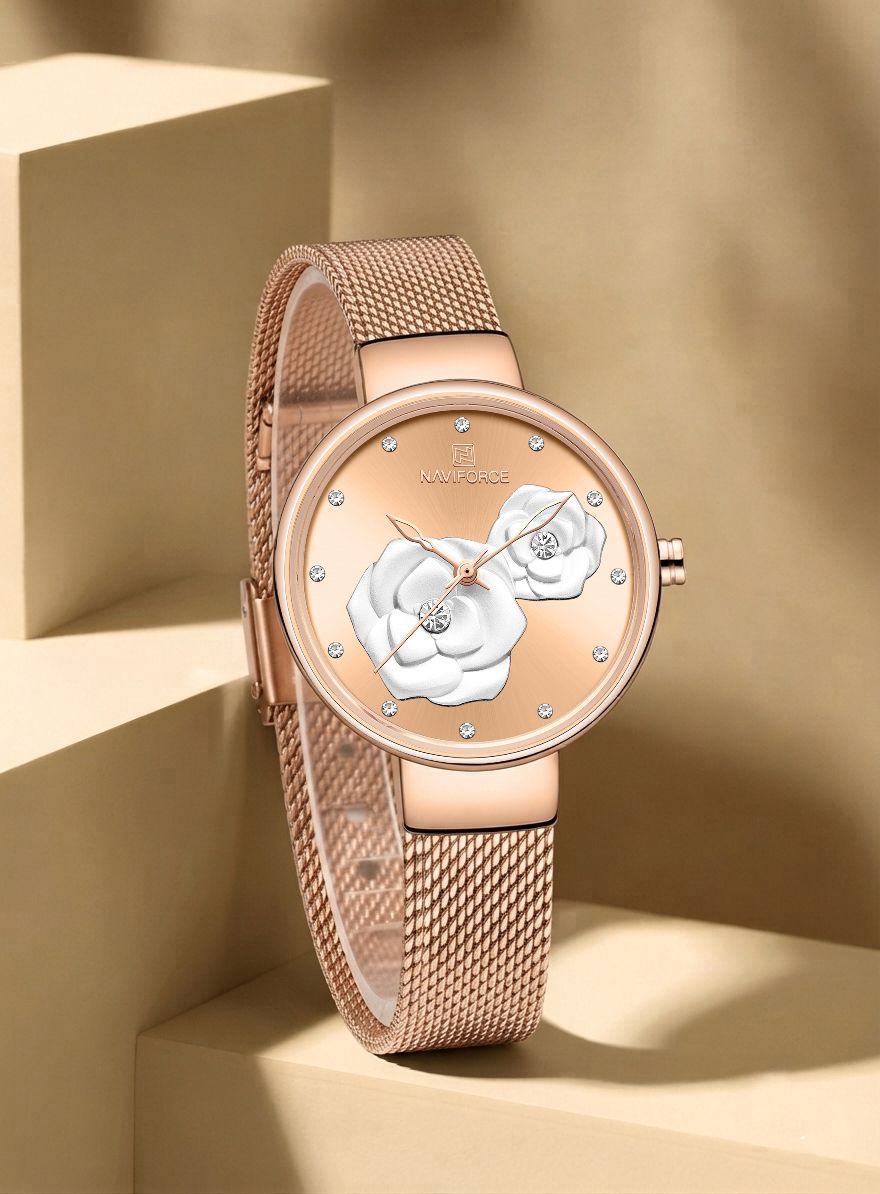 naviforce Rose Gold case and Rose Gold steel strap with beautiful embossing flower on dial Analog Watch - For Women NF5013 steel strap Rose Gold and Rose Gold flower-picture-11