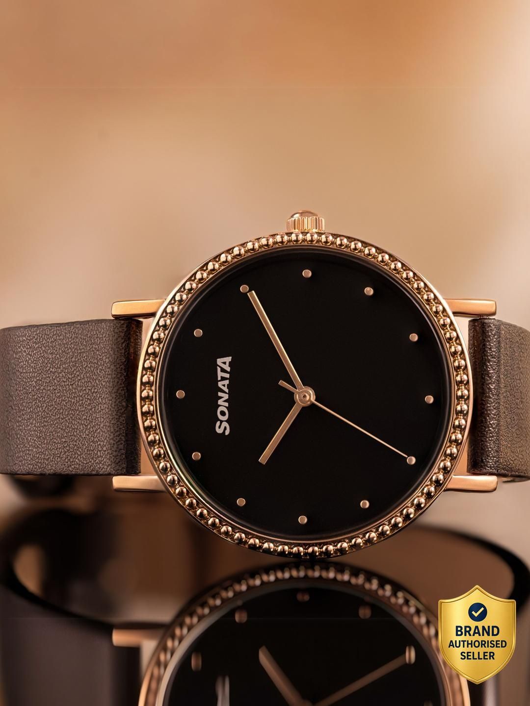 Sonata Quartz Black Dial Black Leather Strap Analog Watch - For Women NT87066WL01-picture-1