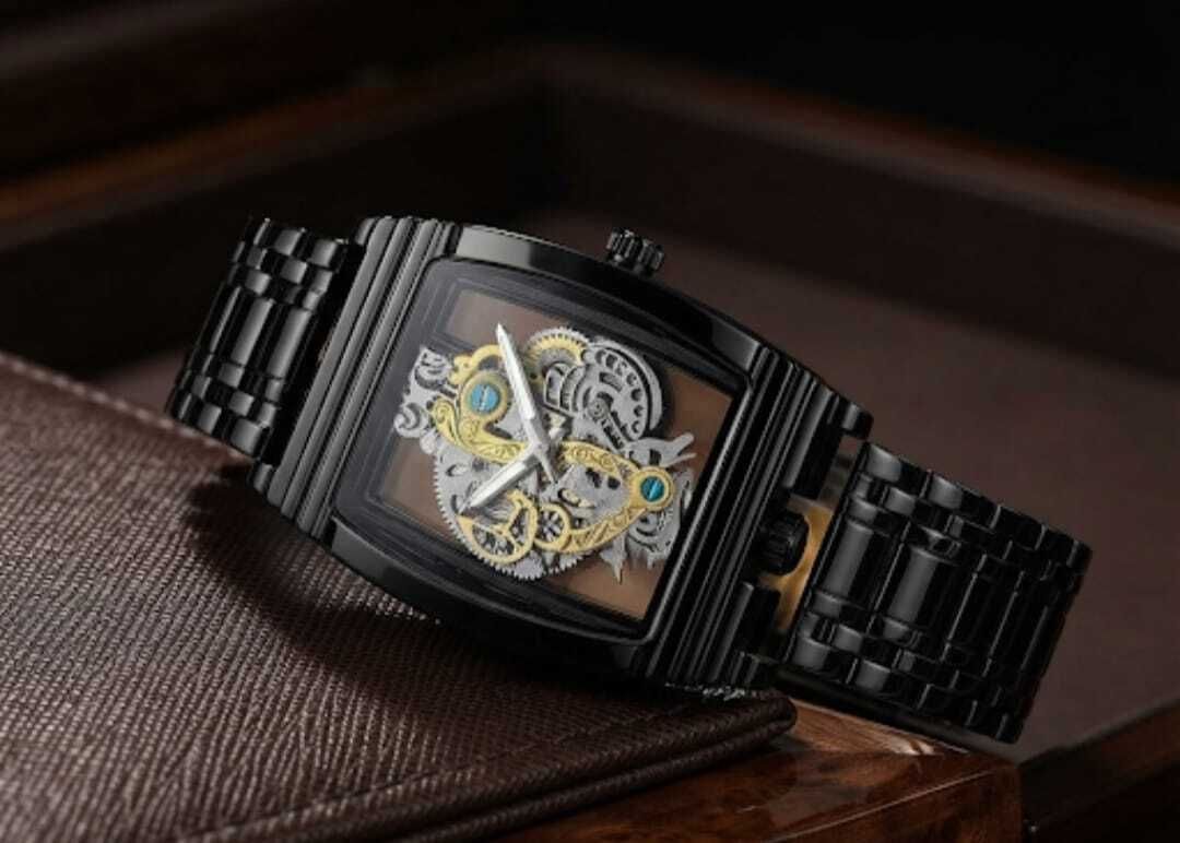 Sleek Rectangular Skeleton Timepiece Analog Watch - For Men Bold Black IP Mechanical Statement Watch-image-5