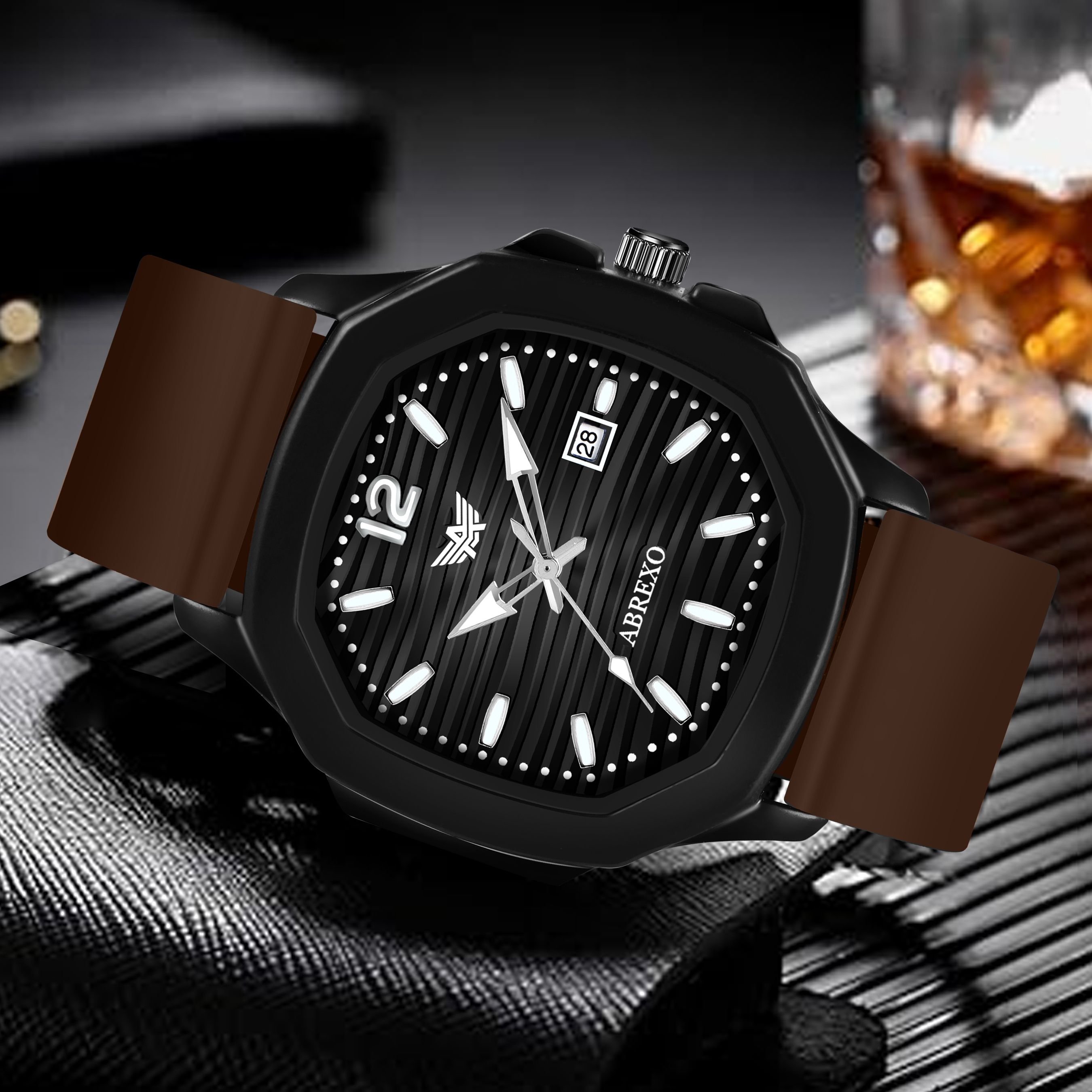 Vintage-Law Date Working Square Black Dial Brown Premium Silicone Strap Boys Analog Watch - For Men Abx6600-BK Quartz Mechanism Watch-image-33