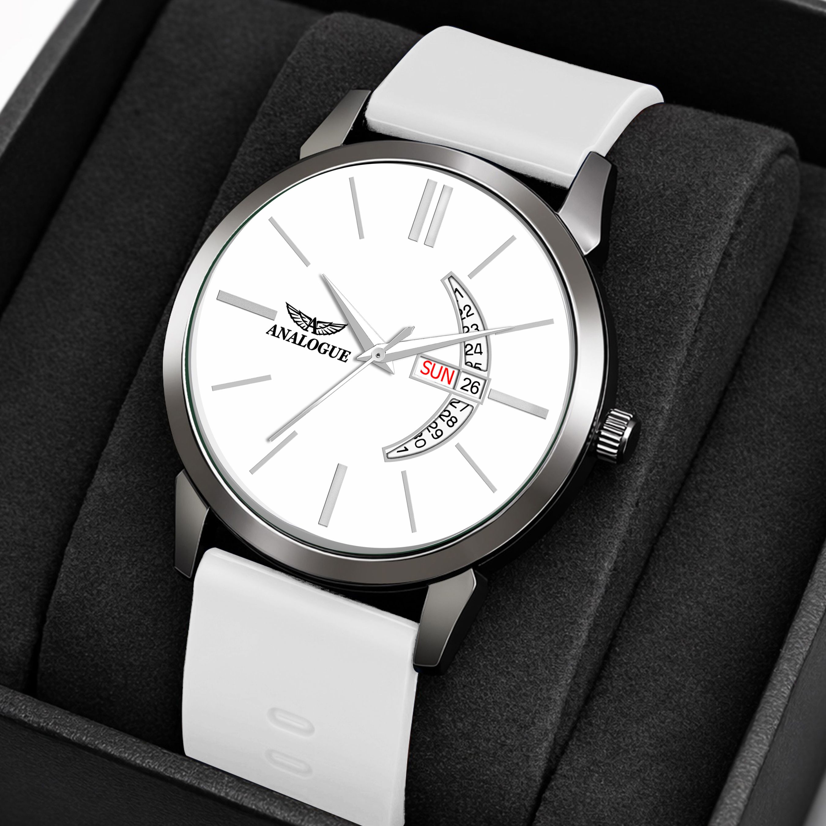 Slim Series | Gun Metal | Silicone Strap | 3D Cut Glass | Working Day & Date Analog Watch - For Men ANG-939-WHITE-WHITE-image-16