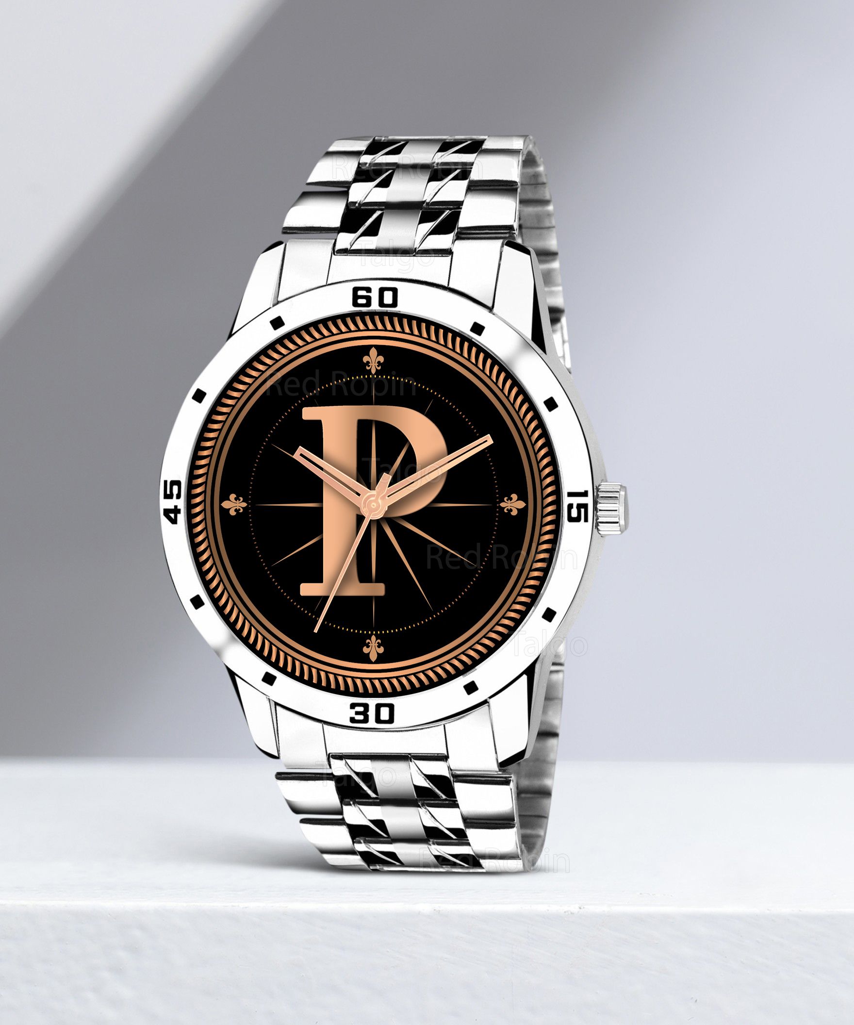 Fancy Design Stylish ALPHABET P Dial Silver Leather Strap Men Wrist Watch Analog Watch - For Boys ALPHA-P-AVO-SIL-STL-image-6