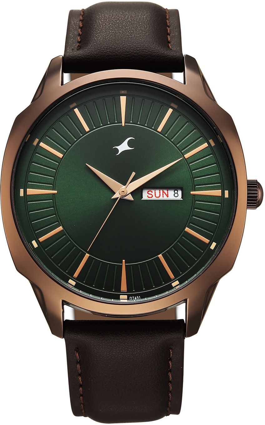 fastrack stunners xi quartz dark green dial brown leather strap analog watch - for men 38213ql01
