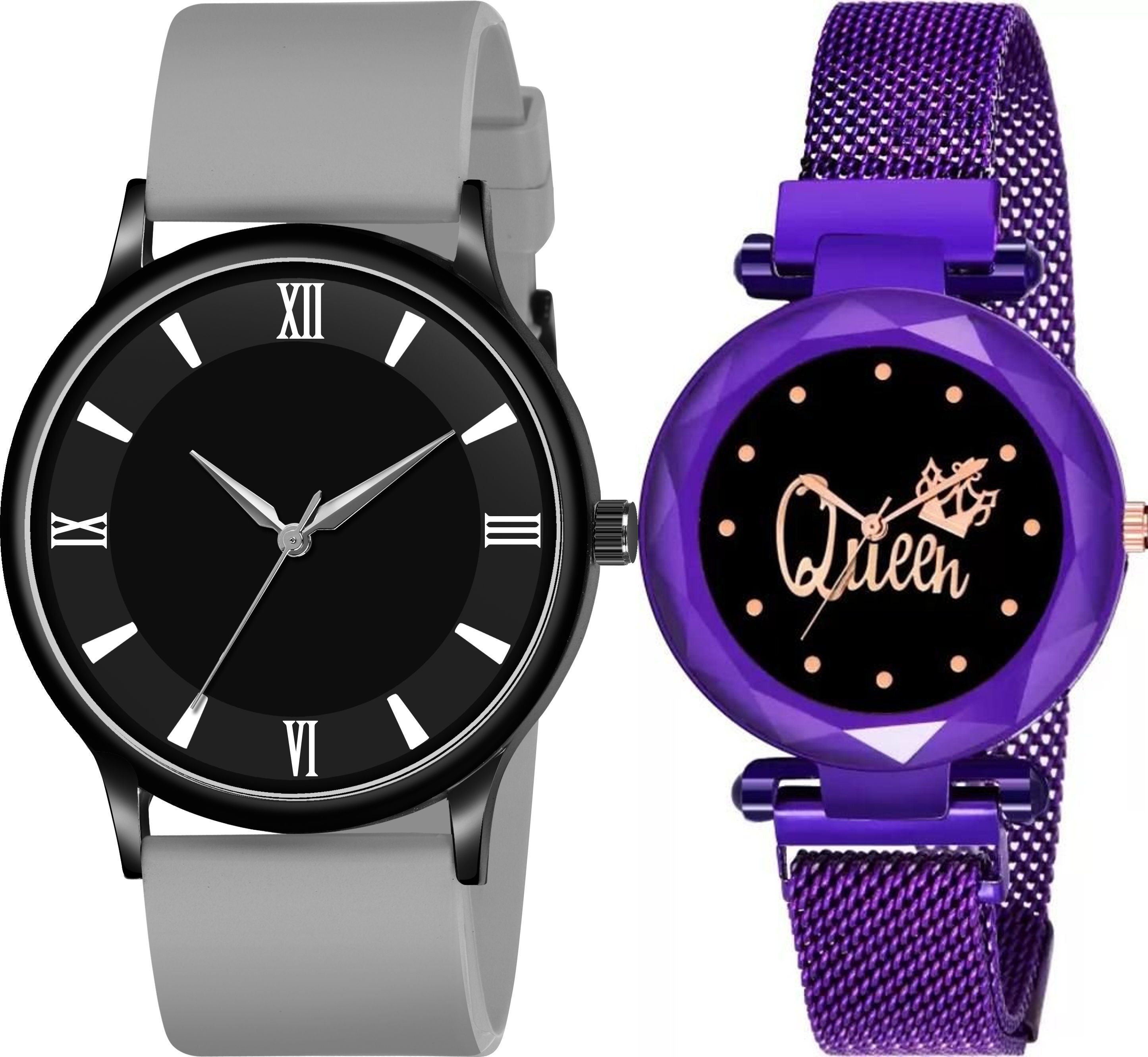 pepperstyle Premium Analog Quartz Wrist Watch Analog Watch - For Men & Women Magnet Purple Queen_Round Slim roman Dial Black light grey belt-picture-18