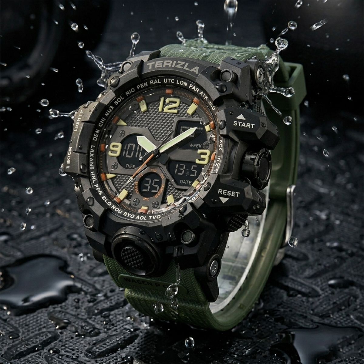 Sport Original Analog Digital Dual Time Green Army Color Water Resistance Analog-Digital Watch - For Men Alarm Stop Watch Digital Calendar Rugged Strap Watch For Men-image-30