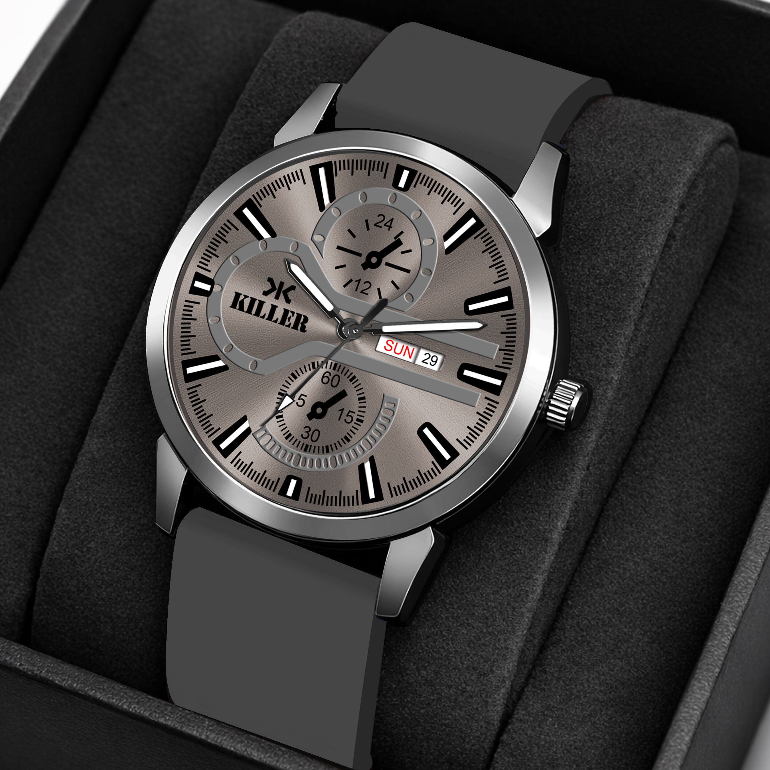 Slim Series | Gun Metal | Silicone Strap | 3D Cut Glass | Working Day & Date Analog Watch - For Men KILLR-708-GREY-GREY-image-14