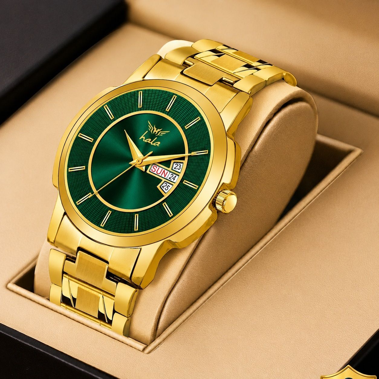 Day & Date Original Gold Plated Adjustable Analog Watch - For Men HL Gold Green Dial Analog Day Date 44mm Stainless Steel Quartz Watch 2898-image-4
