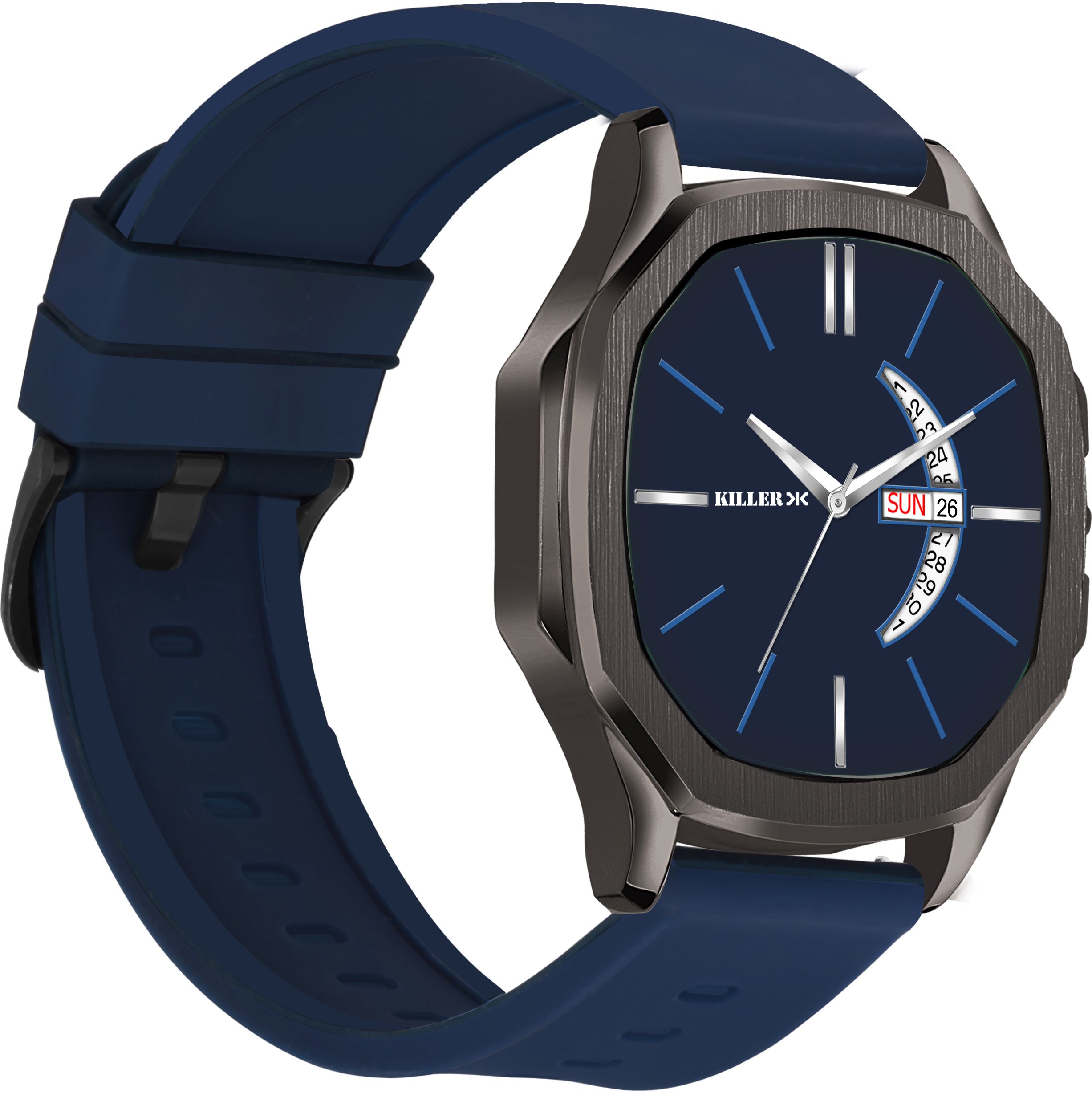 Hexa Gun Metal Series | Smart Watch Strap | 3D Glass | Smart Clip | Day & Date Analog Watch - For Men KLLR-917-BLUE-BLUE-image-4