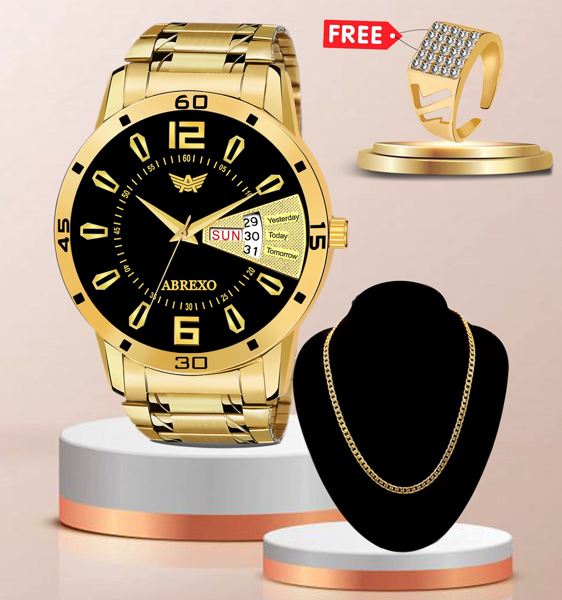 Day & Date Working Golden Wrist Watch with Accessory Special Combo for Boys Analog Watch - For Men Abx1220-Black + Sehwag Chain & Diamond Ring Combo-image-1