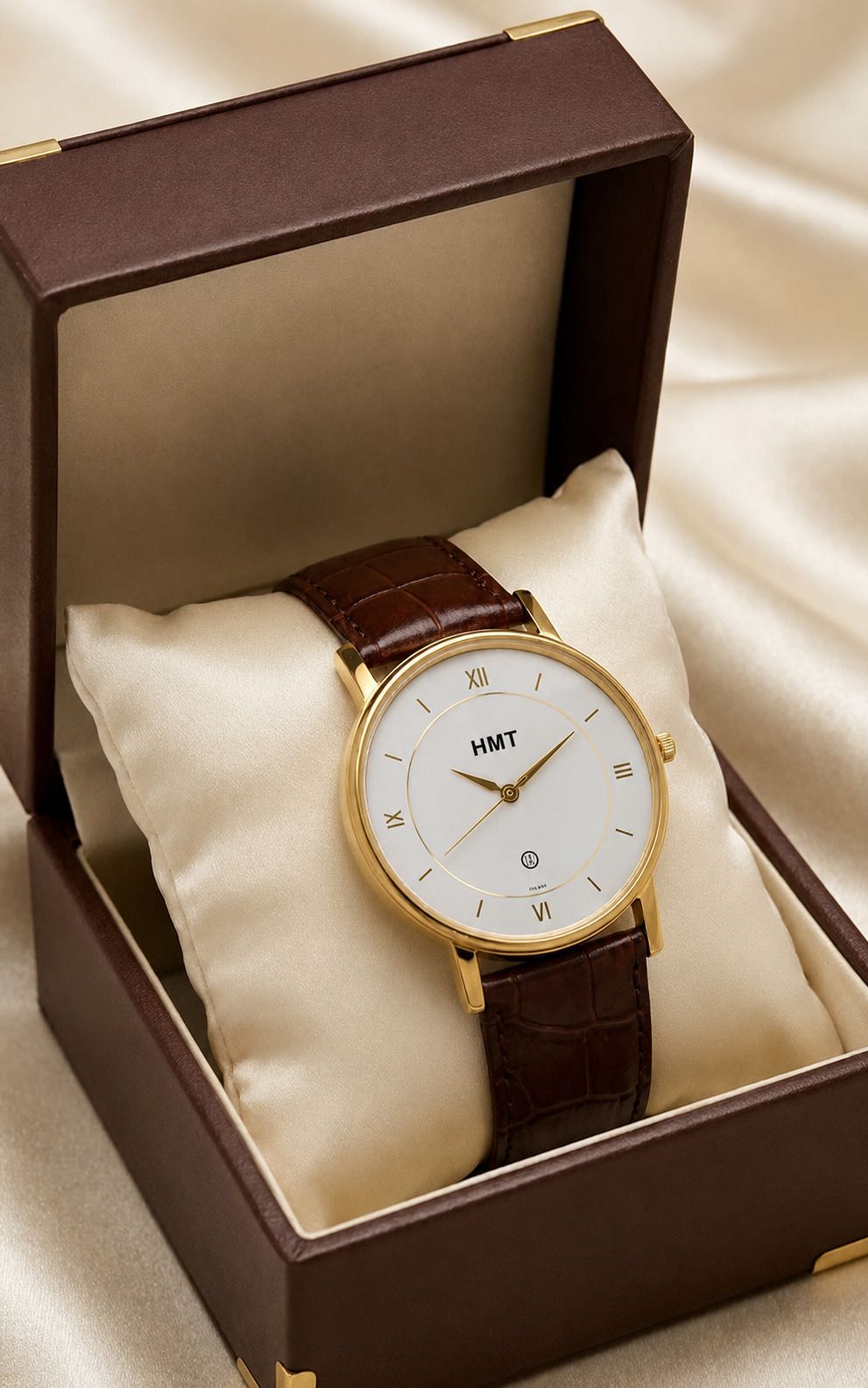 Analog Watch - For Men & Women Hmt Classic White Dial Gold Case Date Display Leather Belt-image-45