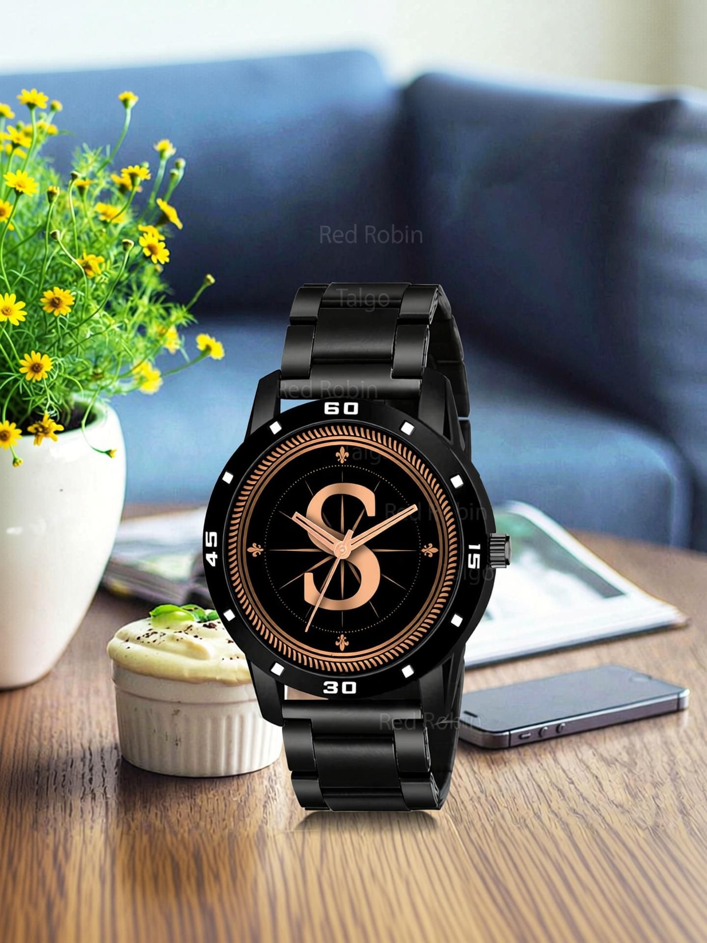 Fancy Design Stylish ALPHABET S Dial Black Leather Strap Men Wrist Watch Analog Watch - For Boys ALPHA-S-AVO-BLK-CDBLK-image-1