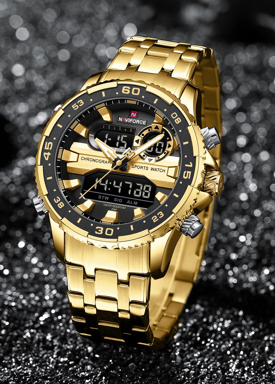 Versatile combination of Gold strap and Black dial Analog-Digital Watch - For Men NF9234 Multi-Function Dual-Display Heavy Machinery Design-image-25