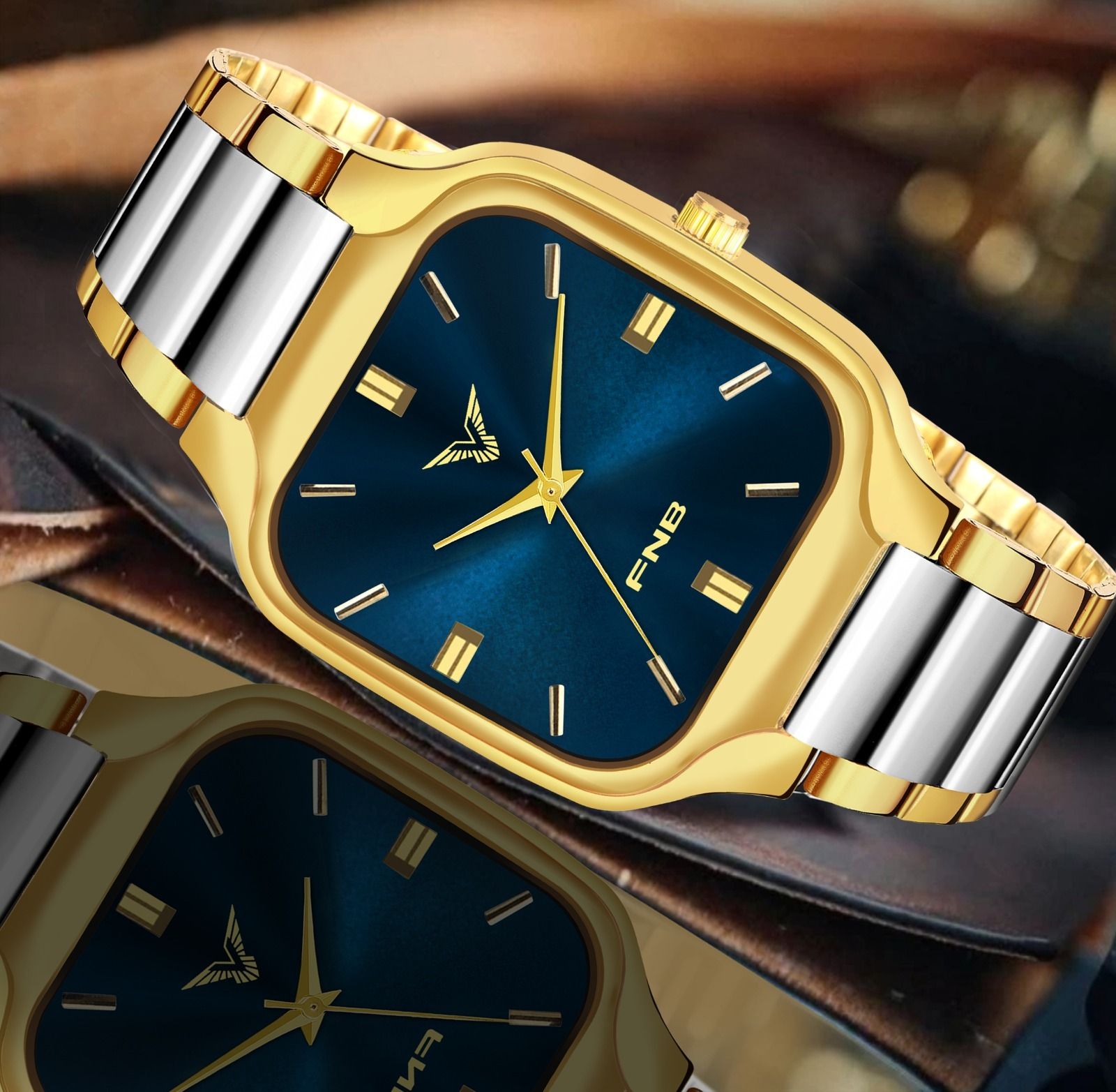 fnb Stylish Square Dial Men's Wrist Watch Gold 2 Tone Analog Watch for Men And Boys Analog Watch - For Men FN-1865-Blu-picture-13