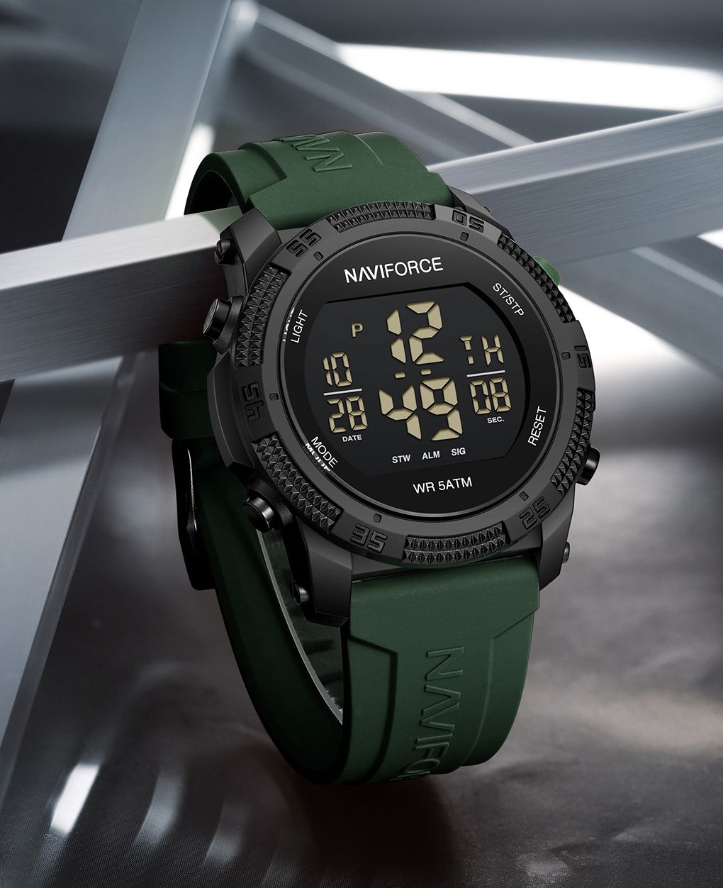 Green silicone light weight strap multi-function round dial Digital Watch - For Men NF7104 LED Luminous Sports Design-image-19