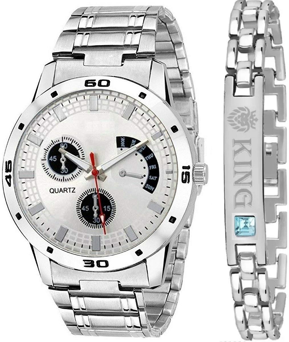 Analog Watch- For Men New Stylish Combo Of Silver Aveo Dial Stainless Steel Watch and King Bracelet-image-12