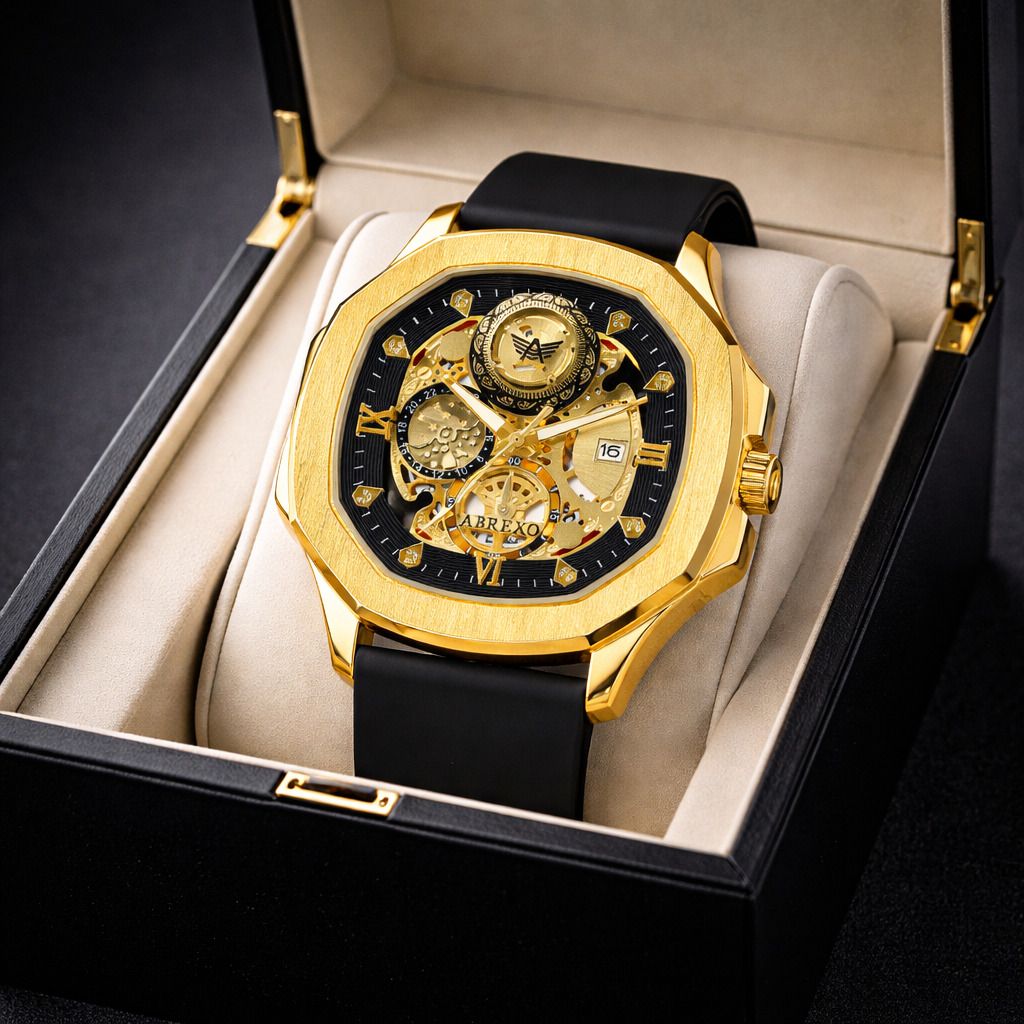 GODFATHER Square Chrono Look Gold Dial Date Working Black Silicone Strap Boys Analog Watch - For Men Abx8300-GD BK-image-35