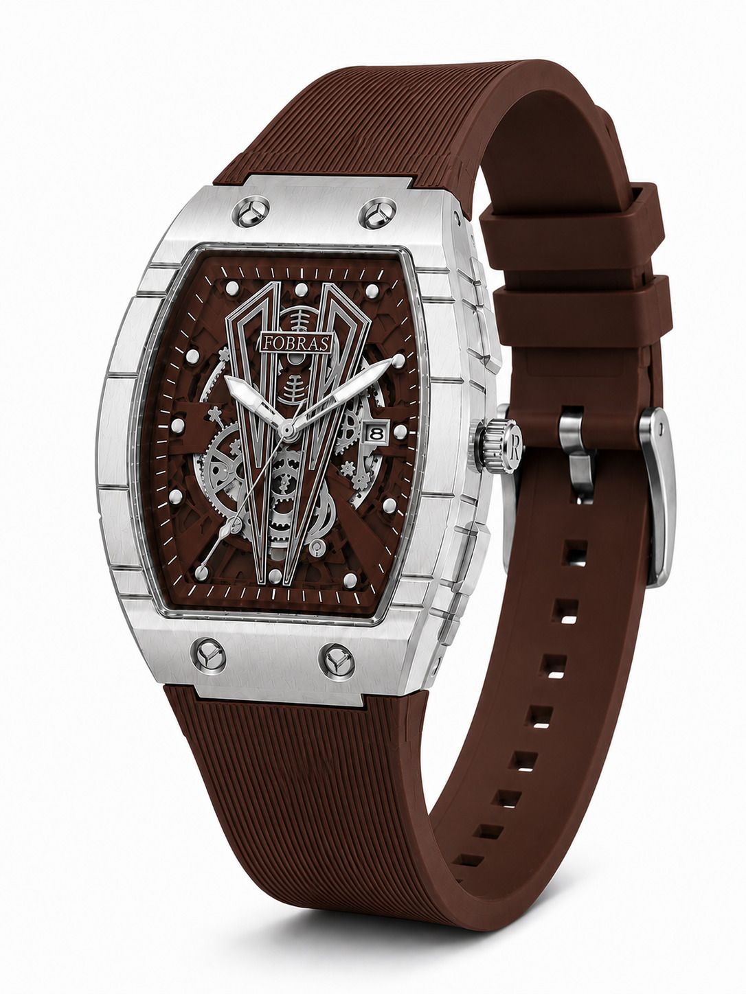 Fobras Premium Skeleton Silver Tonneau Case Analog Watch - For Men FOBRAS-TS-DATE-image-30