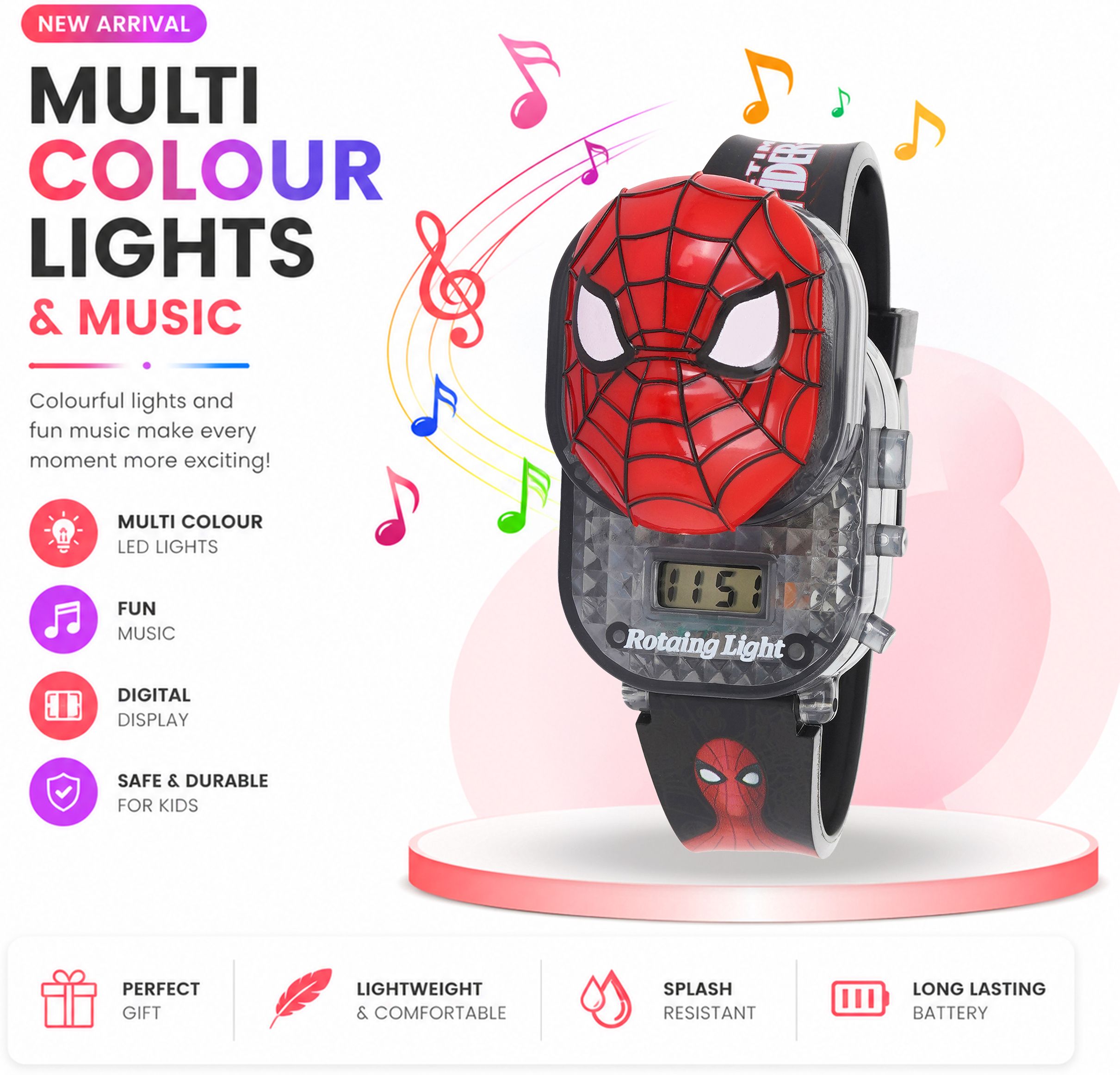 Digital Watch - For Boys & Girls Spider Hero Kids LED Rotating Light With Music Watch 3D Cartoon Spider Design-image-18