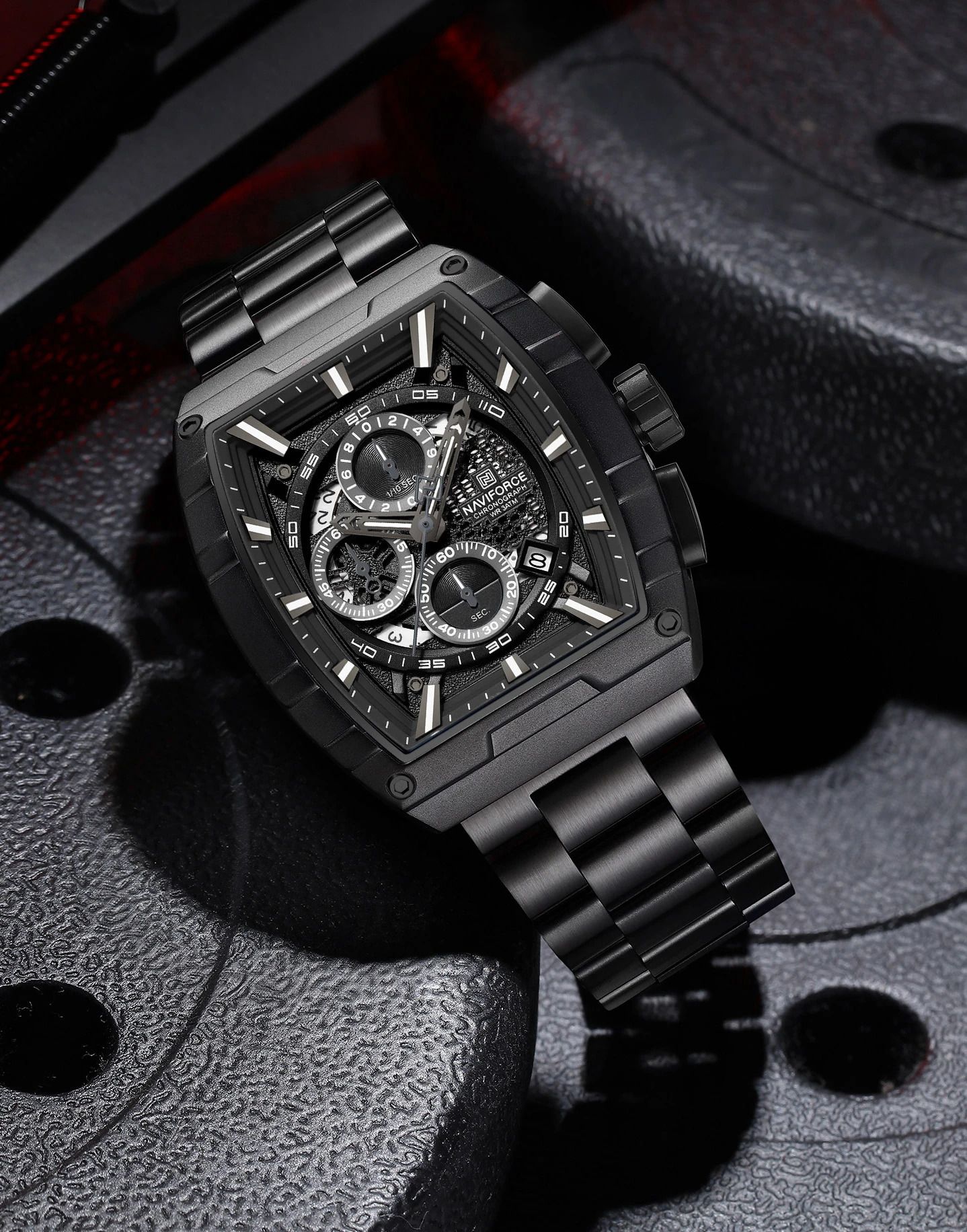 Black chronograph dial with stainless steel strap waterproof Analog Watch - For Men 8066 Multifunctional design timepeice-image-16