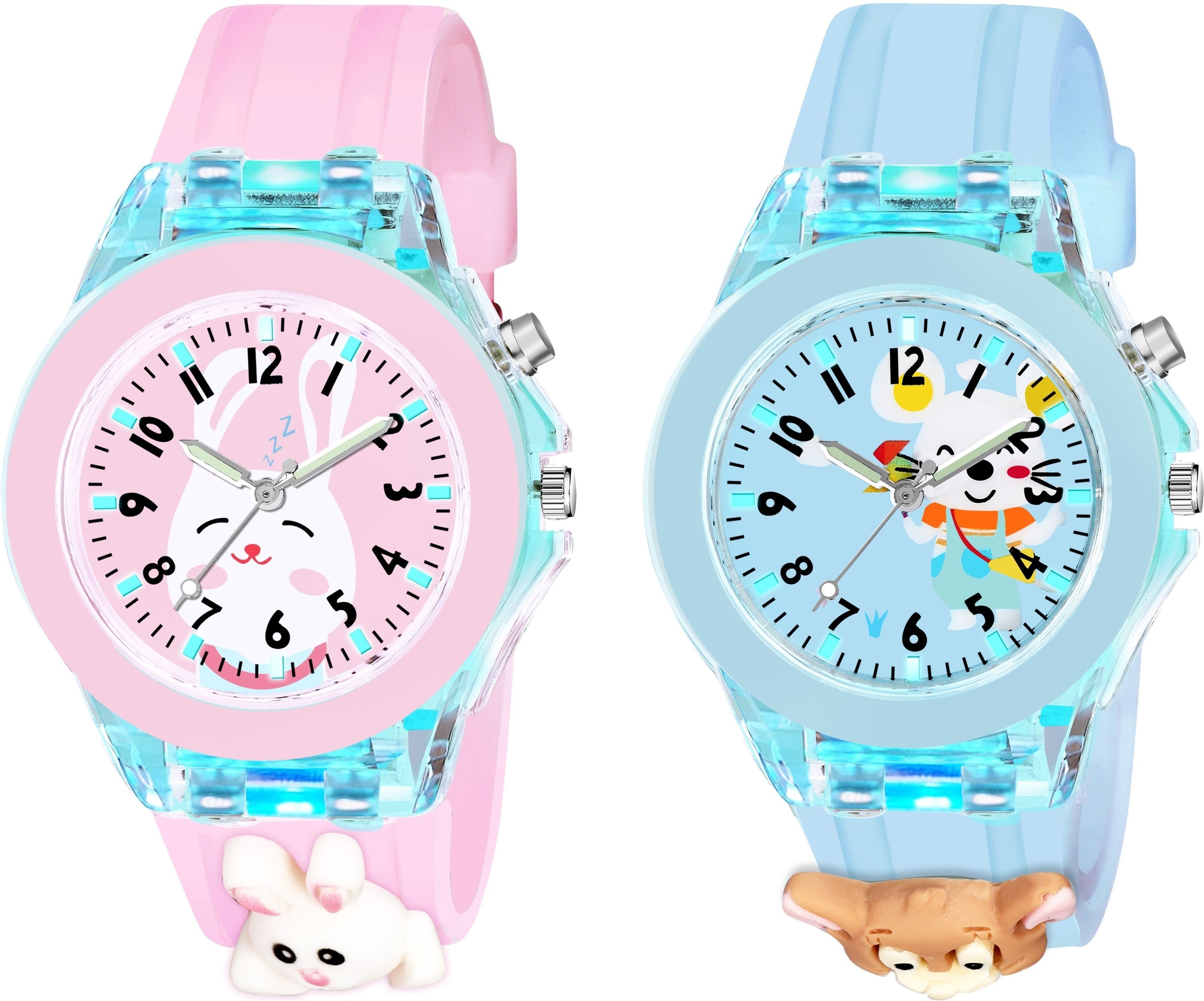 Multicolor Lights 3D Cute Cartoon Multi Function Rubber Strap Kidd's Boys Analog Watch- For Boys & Girls Kids Combo2-Pink Rebbit-Blue Mouse-image-26
