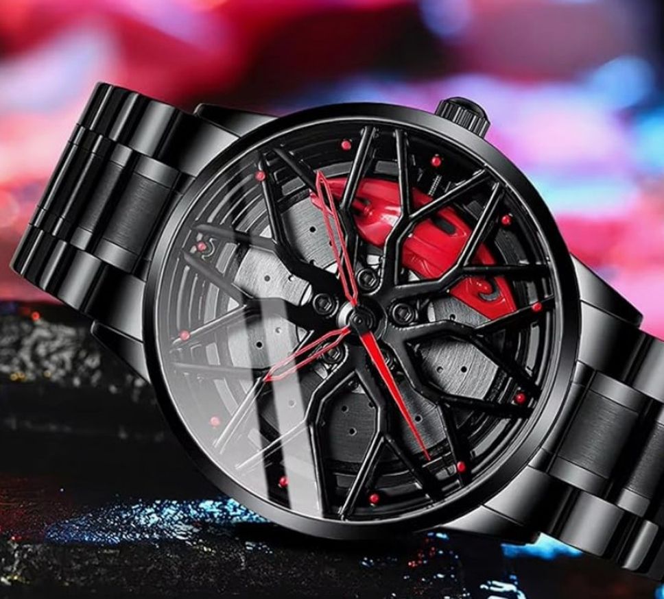 Car wheel atch | Spinning watch | Roatating watch | Gyro Watch | Analog Watch - For Men & Women BLK-RED-FLOWER-01