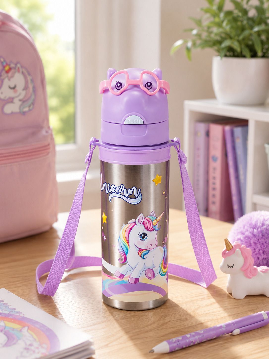 Kids Unicorn Steel Water Bottle with Carry Strap & Push Button Lid 300 ml Water Bottle-image-6