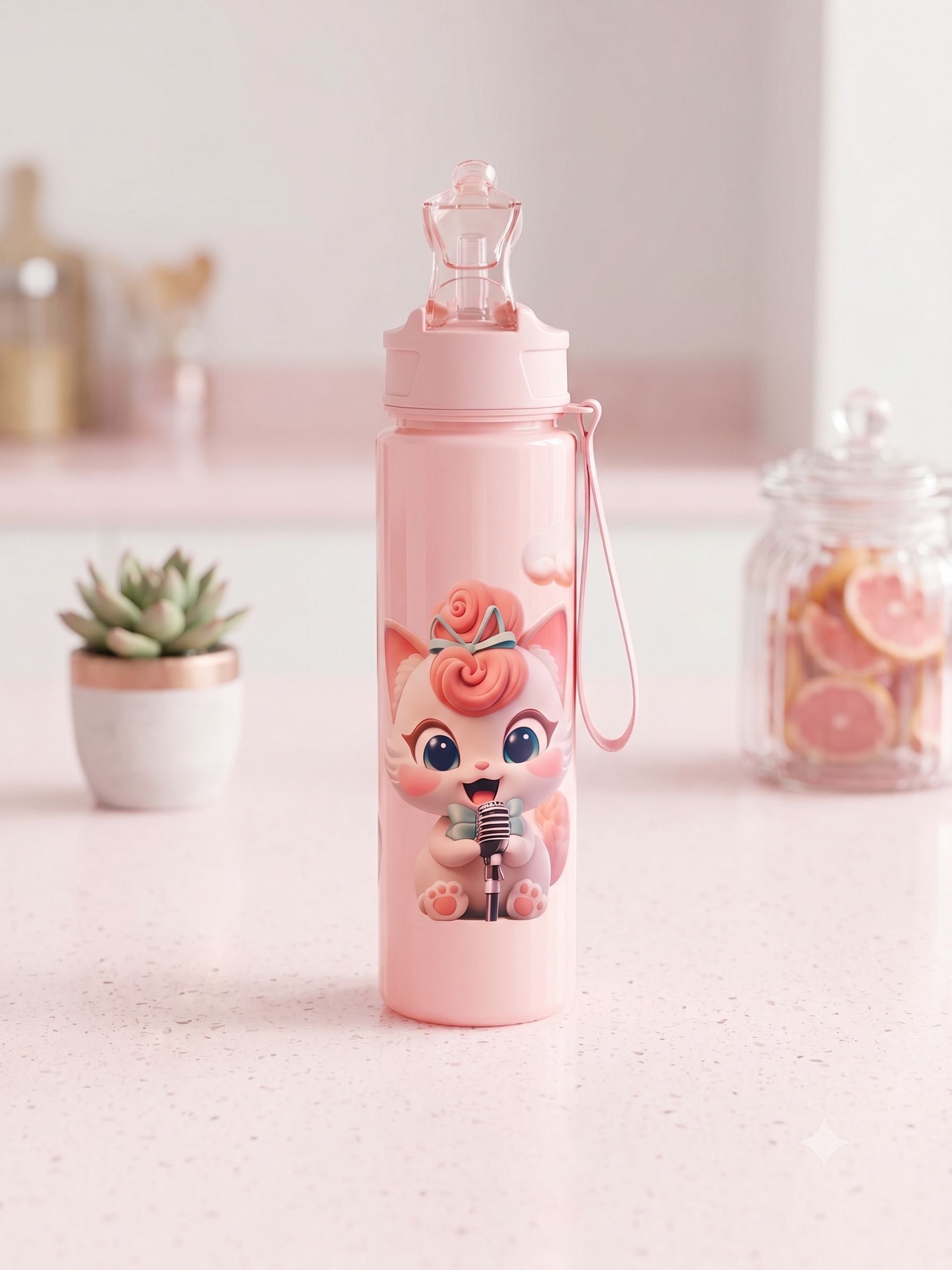 Premium Sky Blue Water Bottle for Kids Cute Cartoon Design Carry Strap 900 ml-image-10