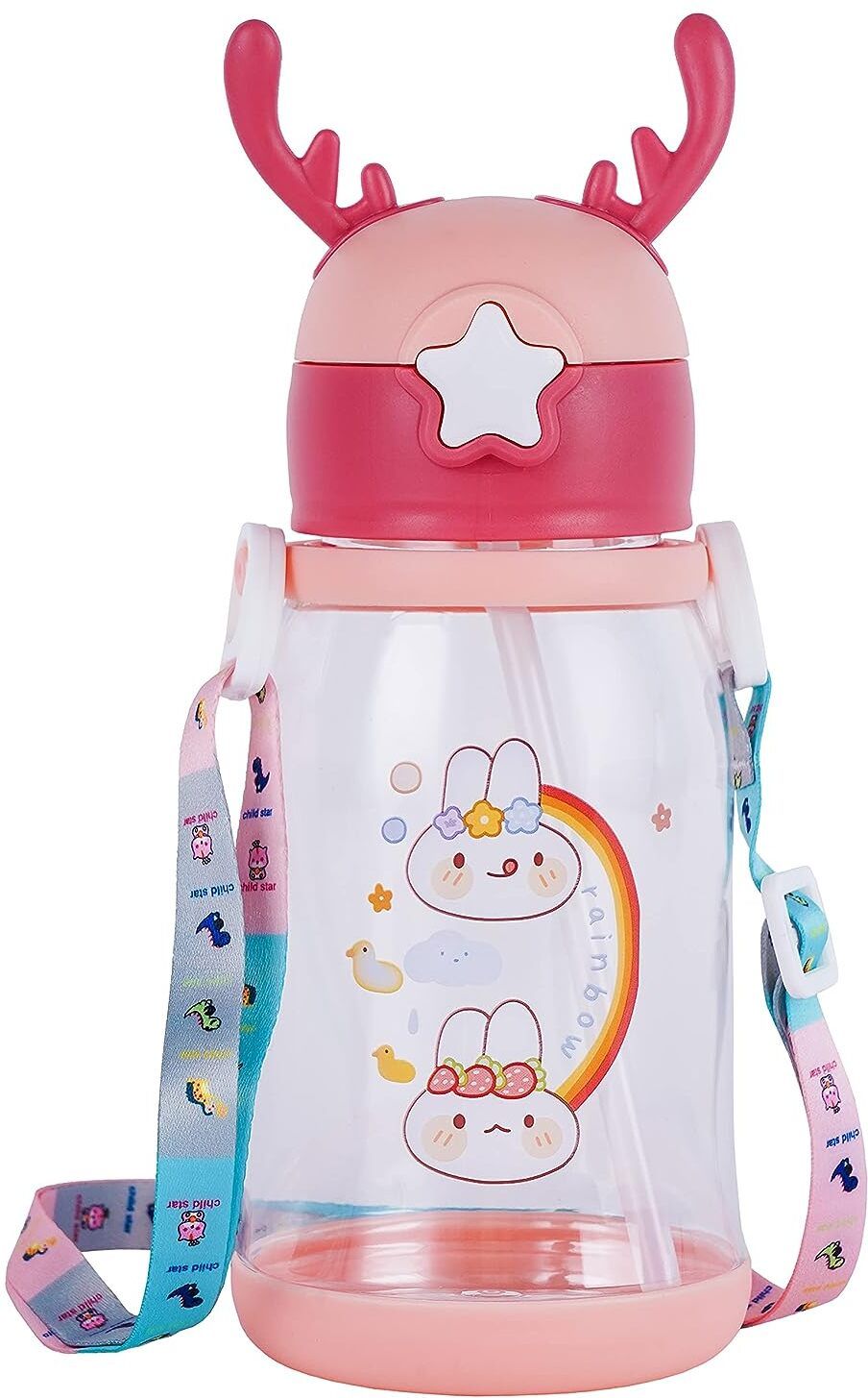 Rabbit Kids School water Bottle for girls and boys BPA free With Strap 600 ml Water Bottle-image-5