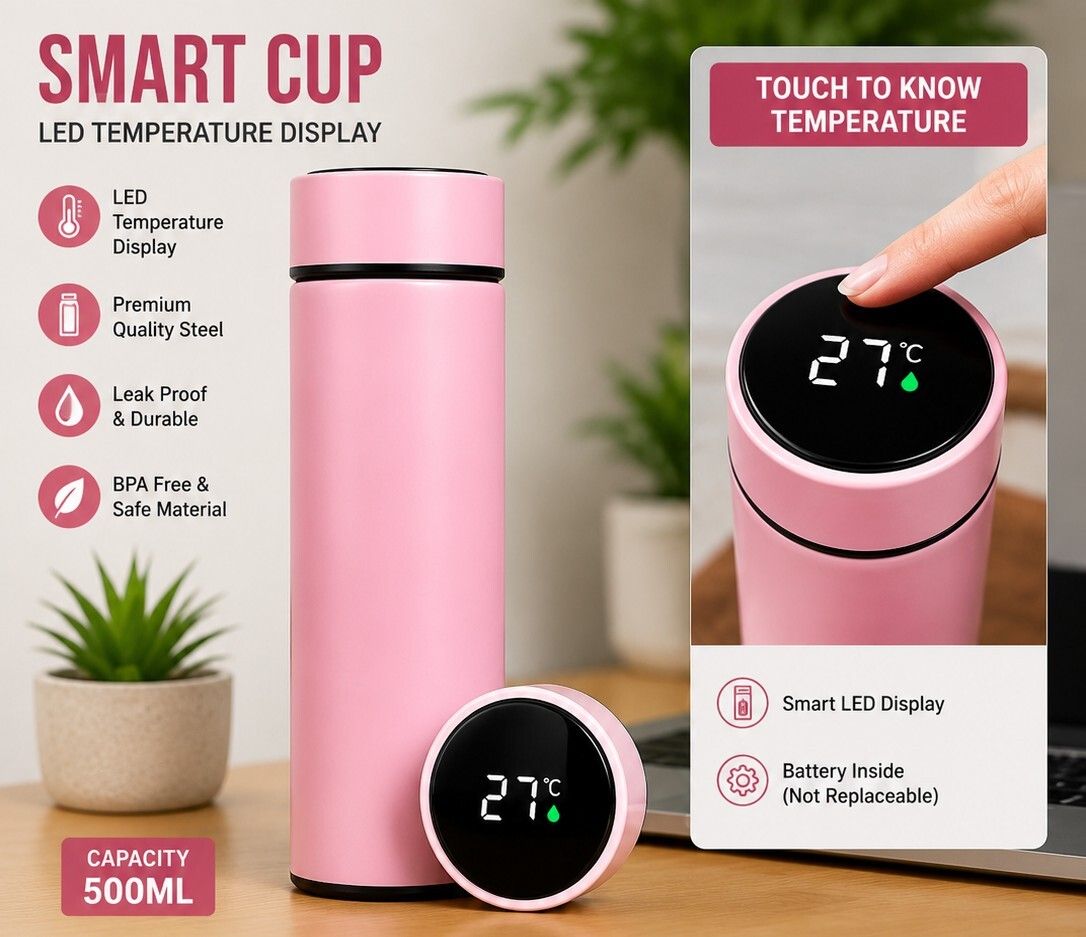 snap 500ml Smart LED Temperature Display Stainless Steel Water Bottle | Pink 500 ml Water Bottle-picture-10