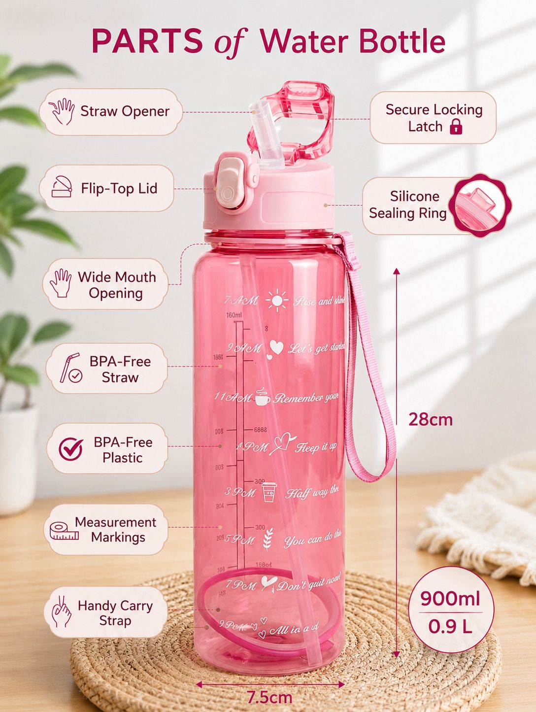 swamisamath Leakproof Motivational Water Bottle with Straw and Time Measurement Markings 900 ml Water Bottle-picture-28